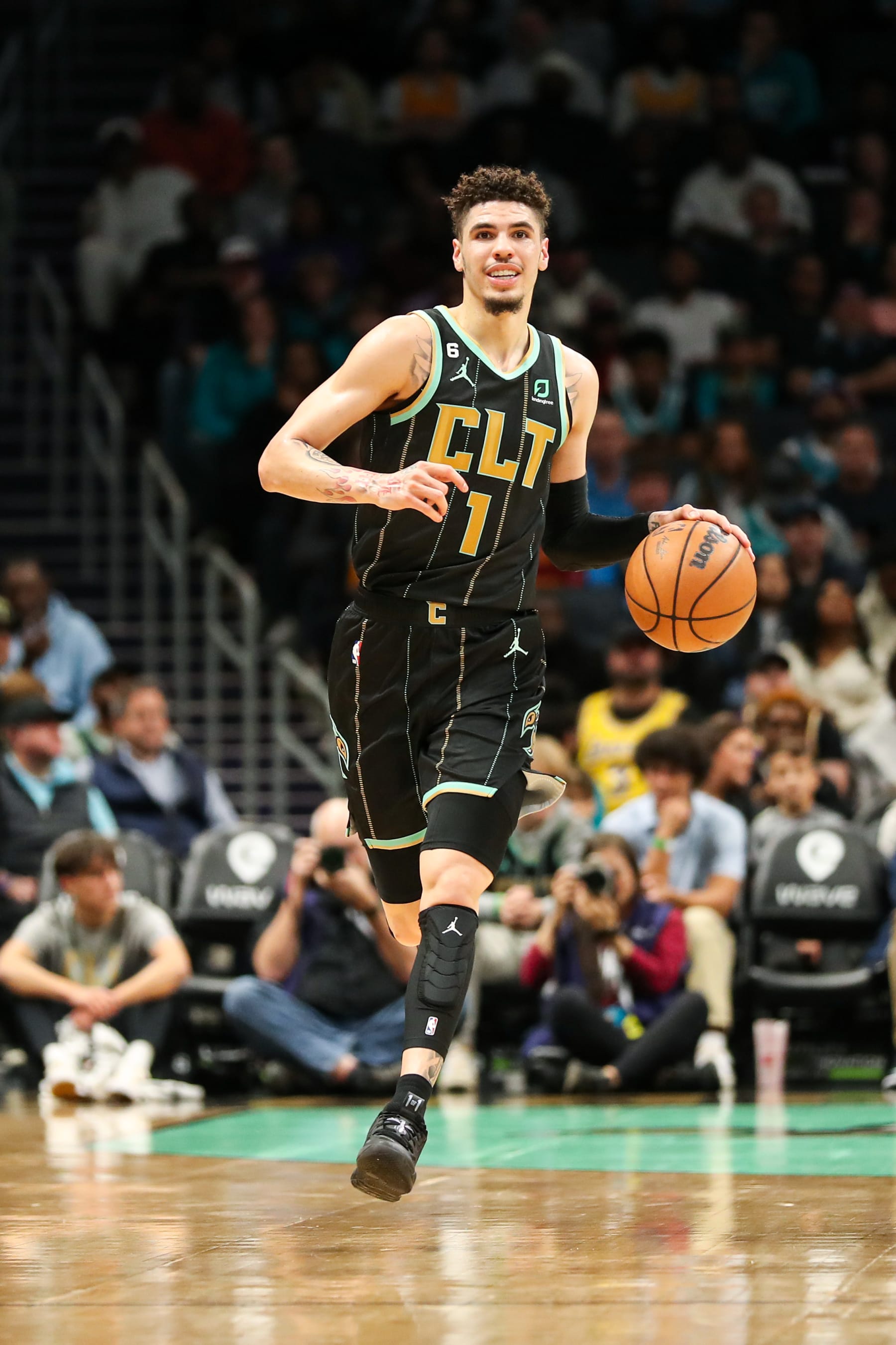 CHARLOTTE, NC - JANUARY 2: LaMelo Ball #1 of the Charlotte Hornets dribbles the ball against the Los Angeles Lakers on January 2, 2023 at Spectrum Center in Charlotte, North Carolina. NOTE TO USER: User expressly acknowledges and agrees that, by downloading and or using this photograph, User is consenting to the terms and conditions of the Getty Images License Agreement. Mandatory Copyright Notice: Copyright 2023 NBAE (Photo by Brock Williams-Smith/NBAE via Getty Images)