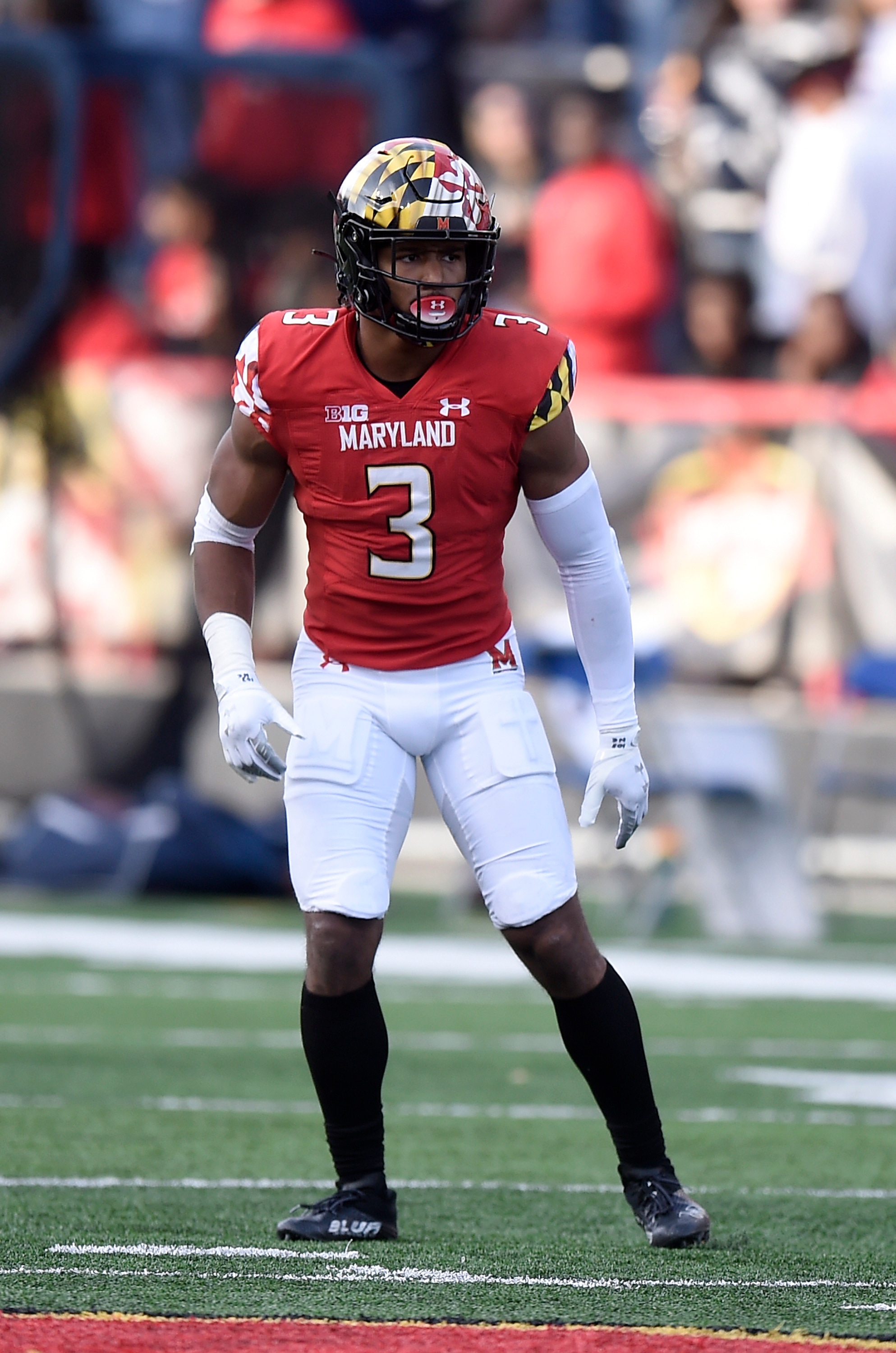 COLLEGE PARK, MARYLAND - NOVEMBER 06: Nick Cross #3 of the Maryland Terrapins defends against the Penn State Nittany Lions at Capital One Field at Maryland Stadium on November 06, 2021 in College Park, Maryland. (Photo by G Fiume/Getty Images)