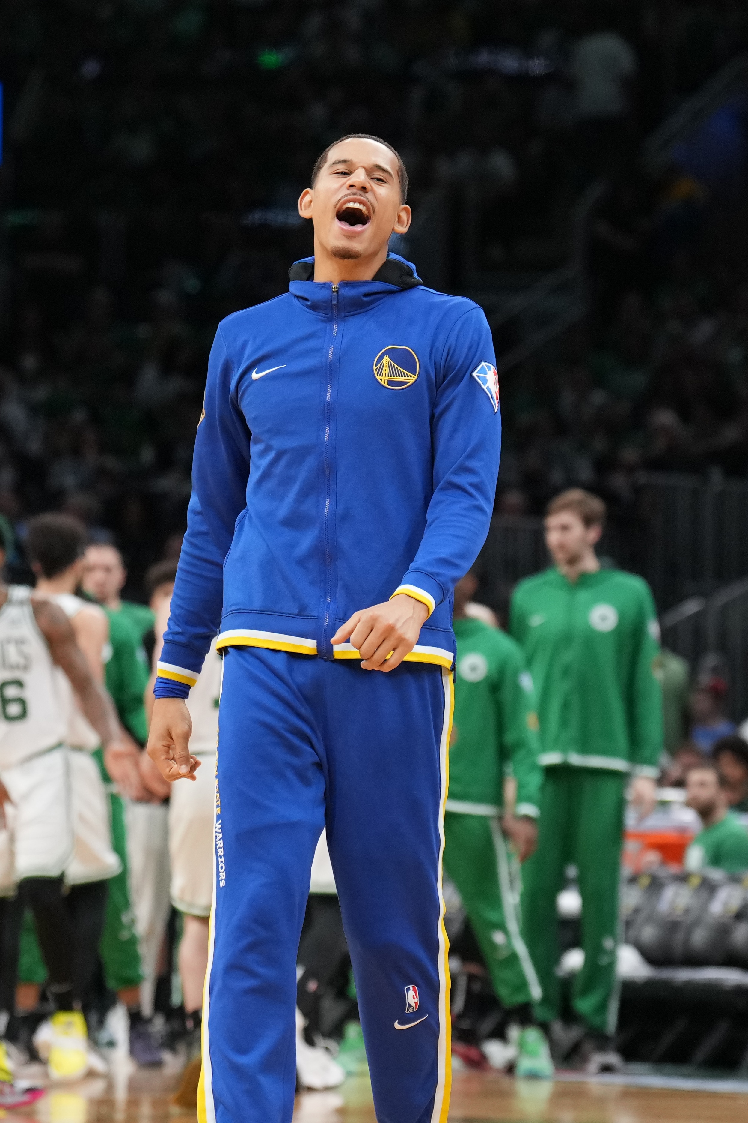 BOSTON, MA - JUNE 16: Juan Toscano-Anderson #95 of the Golden State Warriors celebrates during Game Six of the 2022 NBA Finals on June 16, 2022 at TD Garden in Boston, Massachusetts. NOTE TO USER: User expressly acknowledges and agrees that, by downloading and or using this photograph, user is consenting to the terms and conditions of Getty Images License Agreement. Mandatory Copyright Notice: Copyright 2022 NBAE (Photo by Jesse D. Garrabrant/NBAE via Getty Images)