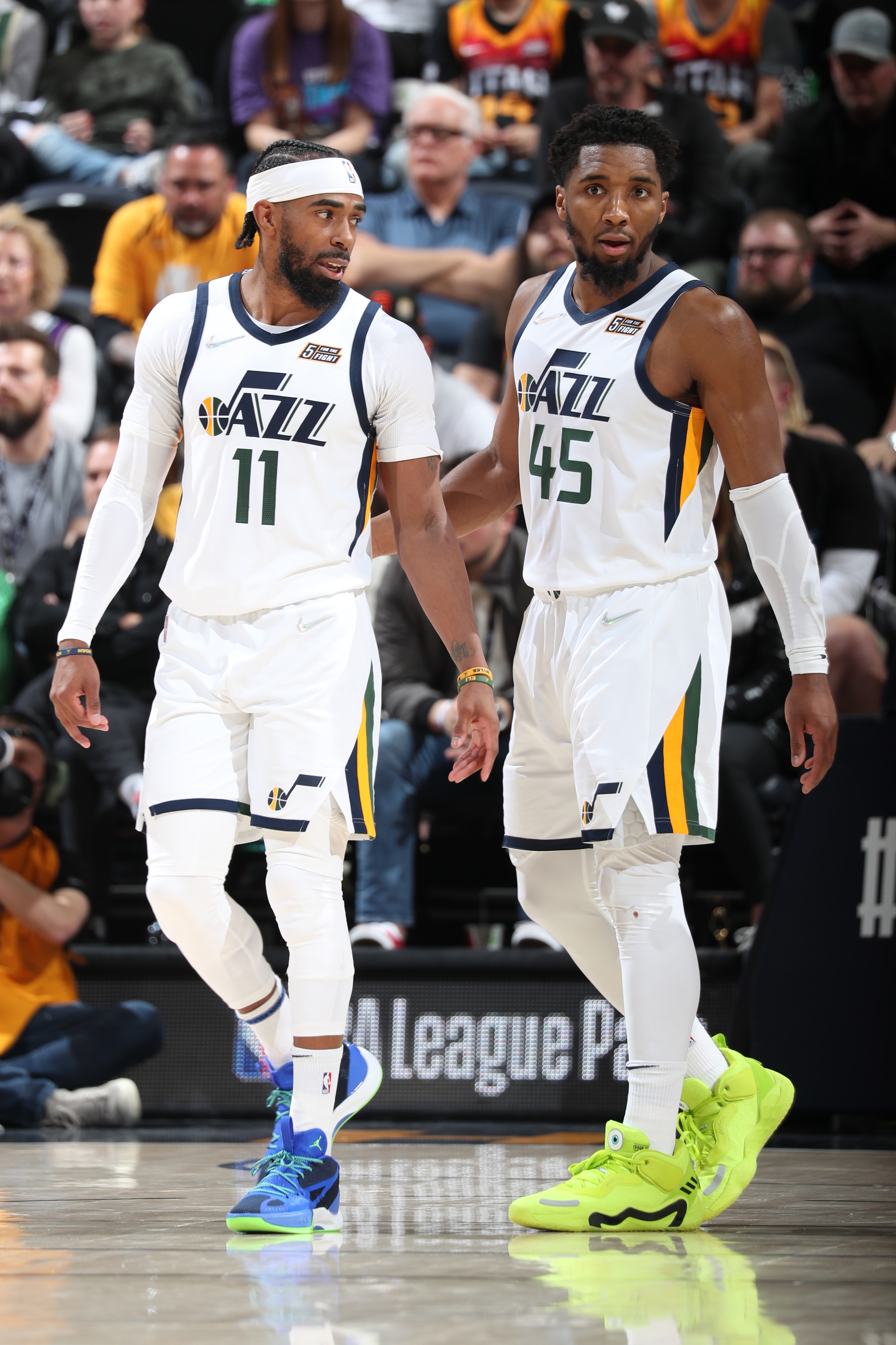 SALT LAKE CITY, UT - MARCH 14: Mike Conley #11 and Donovan Mitchell #45 of the Utah Jazz look on during the game against the Milwaukee Bucks on March 14, 2022 at vivint.SmartHome Arena in Salt Lake City, Utah. NOTE TO USER: User expressly acknowledges and agrees that, by downloading and or using this Photograph, User is consenting to the terms and conditions of the Getty Images License Agreement. Mandatory Copyright Notice: Copyright 2022 NBAE (Photo by Melissa Majchrzak/NBAE via Getty Images)