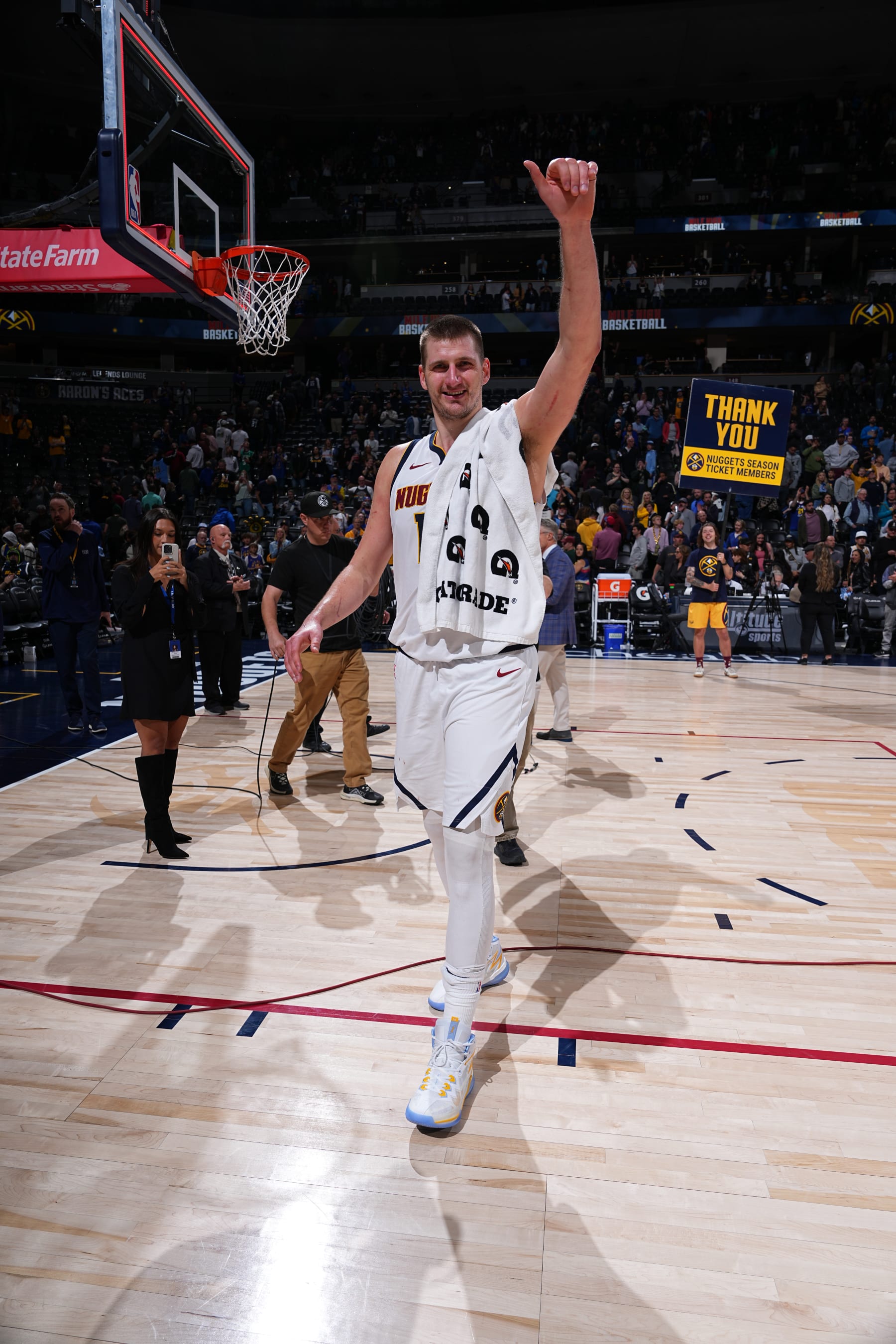 DENVER, CO - APRIL 2: Nikola Jokic #15 of the Denver Nuggets smiles after the game against the San Antonio Spurs on April 2, 2024 at the Ball Arena in Denver, Colorado. NOTE TO USER: User expressly acknowledges and agrees that, by downloading and/or using this Photograph, user is consenting to the terms and conditions of the Getty Images License Agreement. Mandatory Copyright Notice: Copyright 2024 NBAE (Photo by Garrett Ellwood/NBAE via Getty Images)