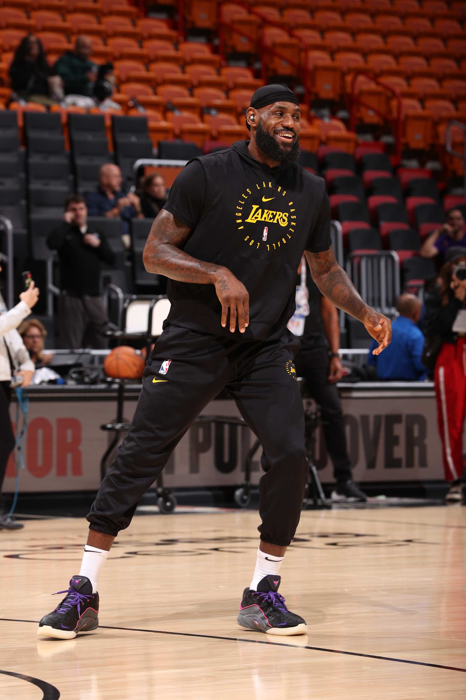 MIAMI, FL - DECEMBER 4: LeBron James #23 of the Los Angeles Lakers smiles before the game against the Miami Heat on December 4, 2024 at Kaseya Center in Miami, Florida. NOTE TO USER: User expressly acknowledges and agrees that, by downloading and or using this Photograph, user is consenting to the terms and conditions of the Getty Images License Agreement. Mandatory Copyright Notice: Copyright 2024 NBAE (Photo by Joe Murphy/NBAE via Getty Images)