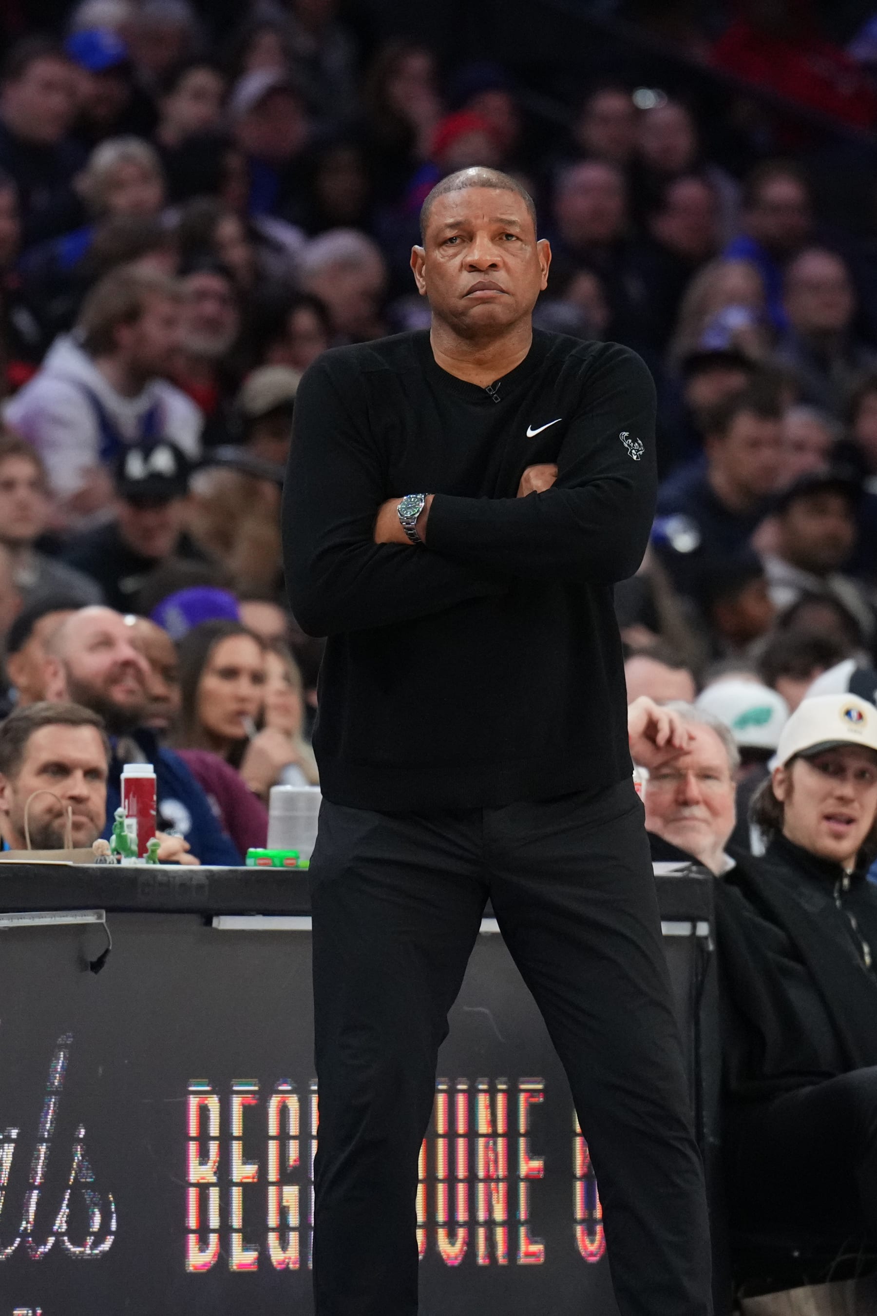 PHILADELPHIA, PA - FEBRUARY 25: Head Coach Doc Rivers of the Milwaukee Bucks looks on during the game against the Philadelphia 76ers on February 25, 2024 at the Wells Fargo Center in Philadelphia, Pennsylvania NOTE TO USER: User expressly acknowledges and agrees that, by downloading and/or using this Photograph, user is consenting to the terms and conditions of the Getty Images License Agreement. Mandatory Copyright Notice: Copyright 2024 NBAE (Photo by Jesse D. Garrabrant/NBAE via Getty Images)