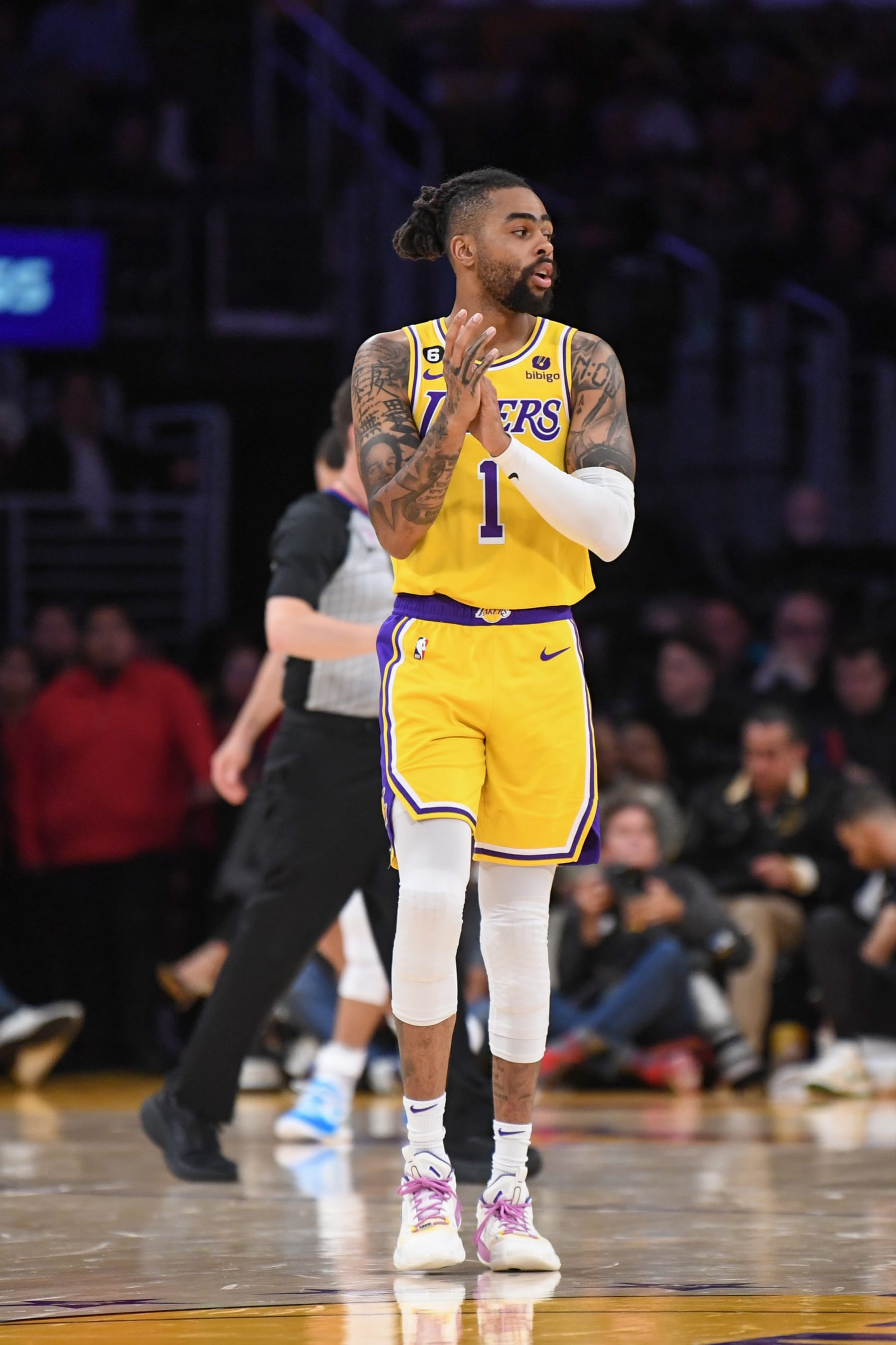 LOS ANGELES, CA - MAY 8:  D'Angelo Russell #1 of the Los Angeles Lakers looks on during the game during  round two game four of the 2023 NBA Playoffs on May 8, 2023 at Chase Center in Los Angeles, California. NOTE TO USER: User expressly acknowledges and agrees that, by downloading and or using this photograph, user is consenting to the terms and conditions of Getty Images License Agreement. Mandatory Copyright Notice: Copyright 2023 NBAE (Photo by Noah Graham/NBAE via Getty Images)