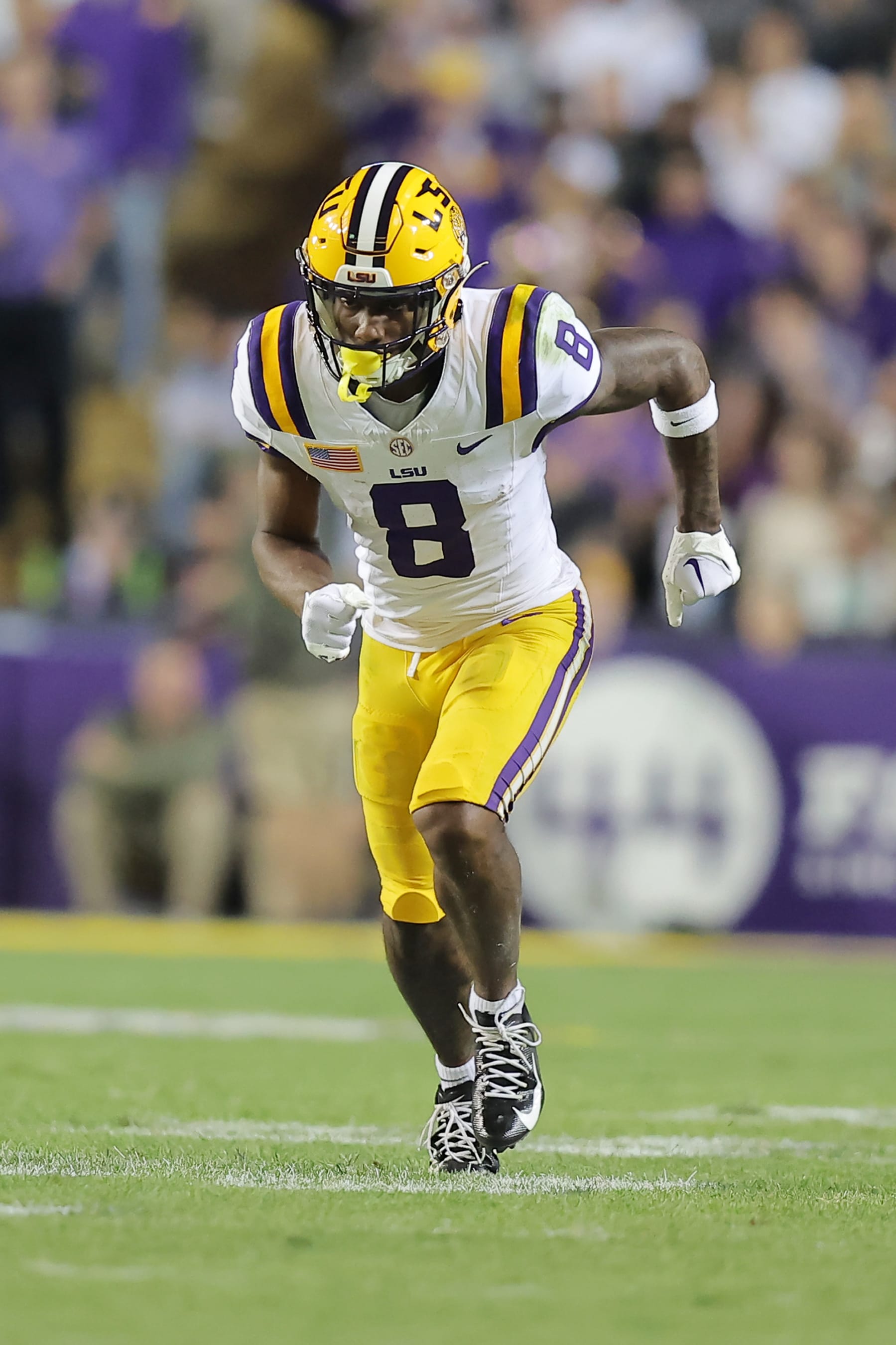 BATON ROUGE, LOUISIANA - NOVEMBER 11: Malik Nabers #8 of the LSU Tigers in action against the Florida Gators during a game at Tiger Stadium on November 11, 2023 in Baton Rouge, Louisiana. (Photo by Jonathan Bachman/Getty Images)