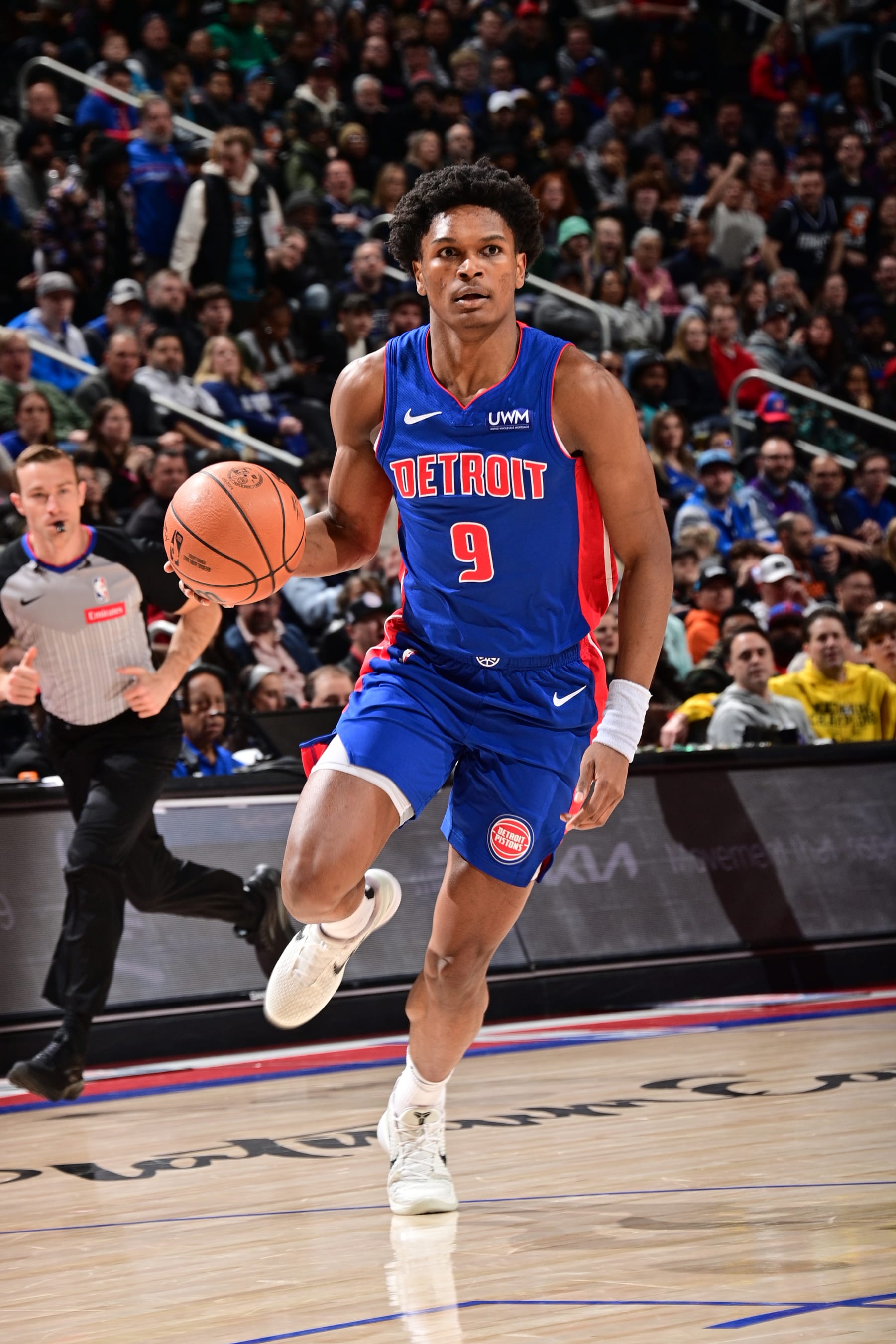 DETROIT, MI - MARCH 9: Ausar Thompson #9 of the Detroit Pistons dribbles the ball during the game against the Dallas Mavericks on March 9, 2024 at Little Caesars Arena in Detroit, Michigan. NOTE TO USER: User expressly acknowledges and agrees that, by downloading and/or using this photograph, User is consenting to the terms and conditions of the Getty Images License Agreement. Mandatory Copyright Notice: Copyright 2024 NBAE (Photo by Chris Schwegler/NBAE via Getty Images)