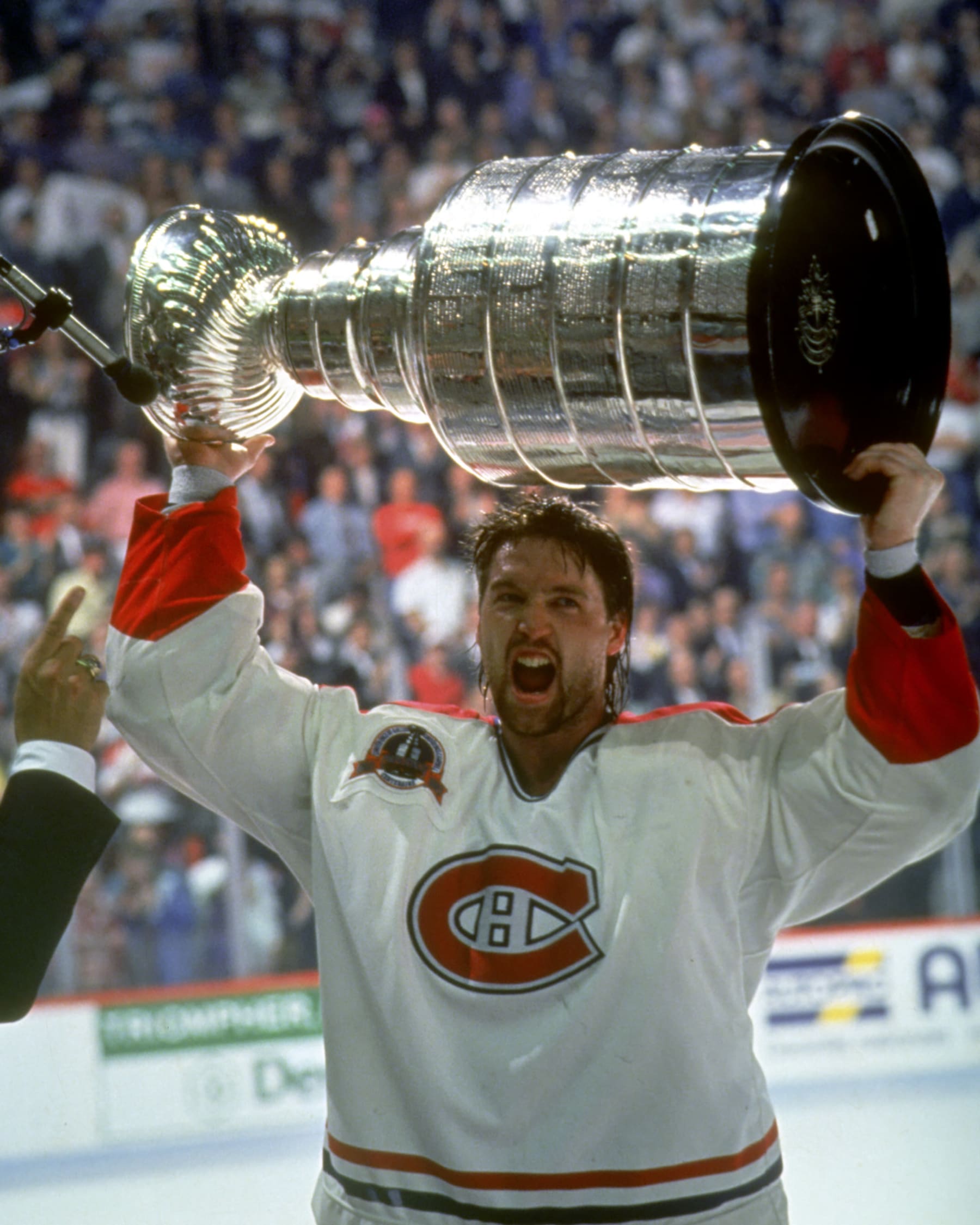 2002 Season: Patrick Roy raises the cup, 1993 Stanley Cup.  (Photo by Bruce Bennett Studios via Getty Images Studios/Getty Images)