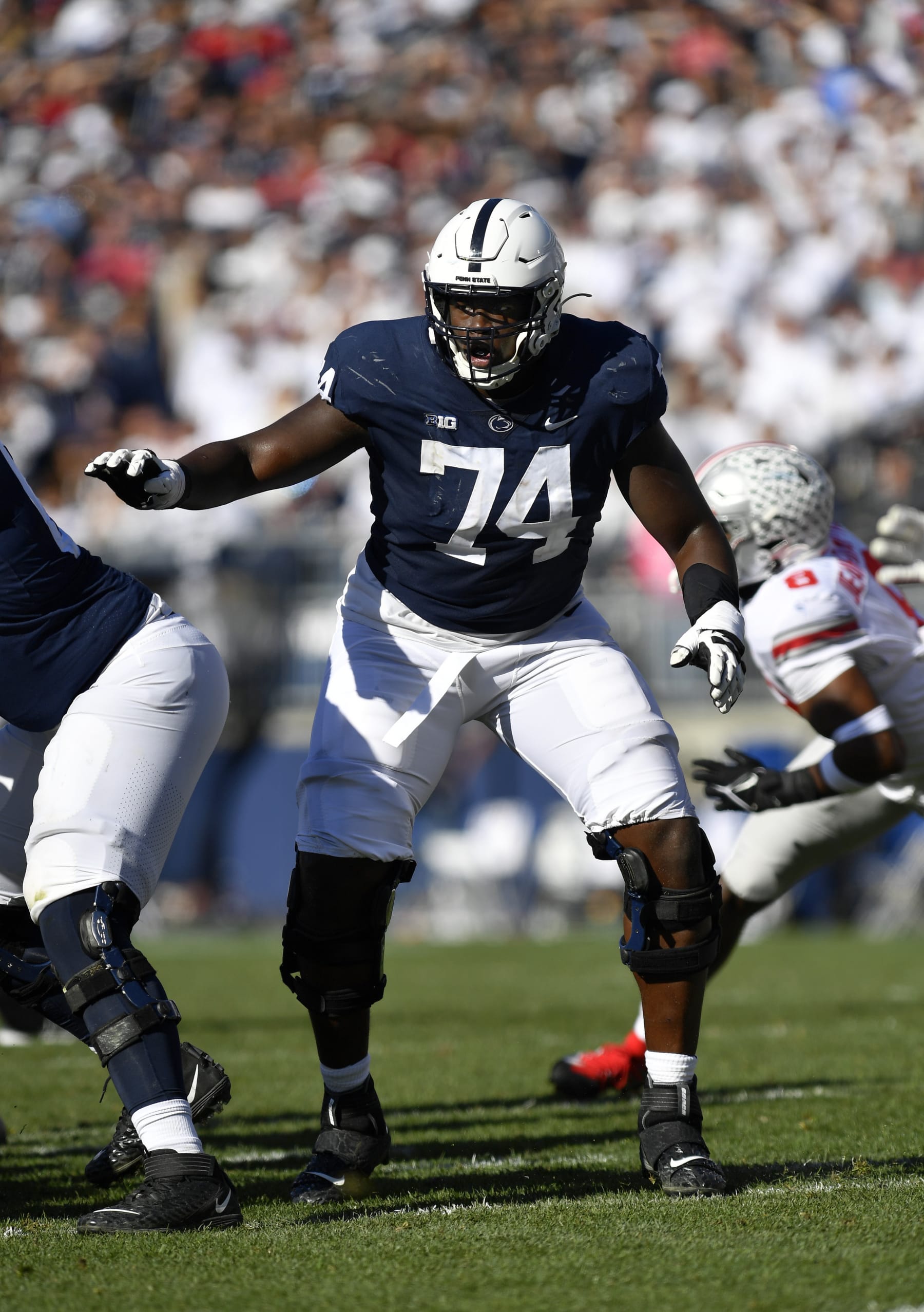 UNIVERSITY PARK, PA - OCTOBER 29: Penn State tackle Olumuyiwa Fashanu (74) pass blocks during the Ohio State Buckeyes versus Penn State Nittany Lions game on October 29, 2022 at Beaver Stadium in University Park, PA. (Photo by Randy Litzinger/Icon Sportswire via Getty Images)
