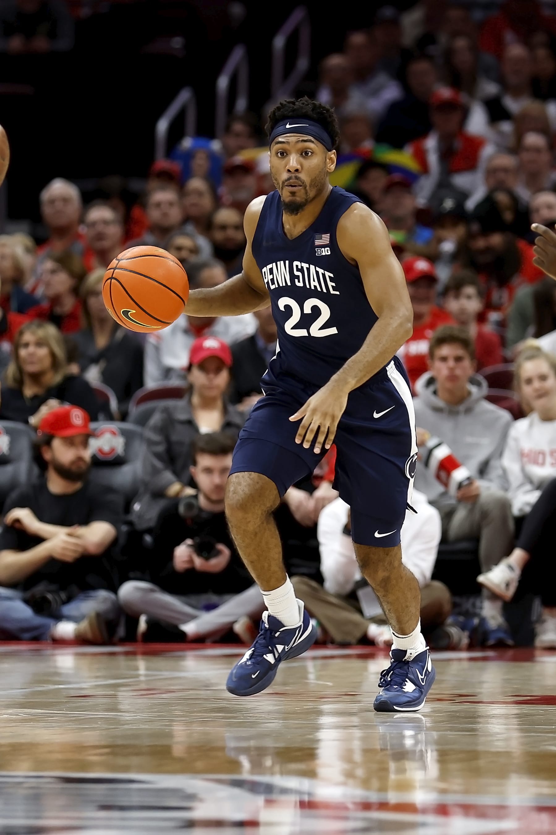 COLUMBUS, OH - FEBRUARY 23:  Jalen Pickett #22 of the Penn State Nittany Lions moves the ball up the court during the game against the Ohio State Buckeyes at the Jerome Schottenstein Center on February 23, 2023 in Columbus, Ohio. Penn State defeated Ohio State 75-71. (Photo by Kirk Irwin/Getty Images)