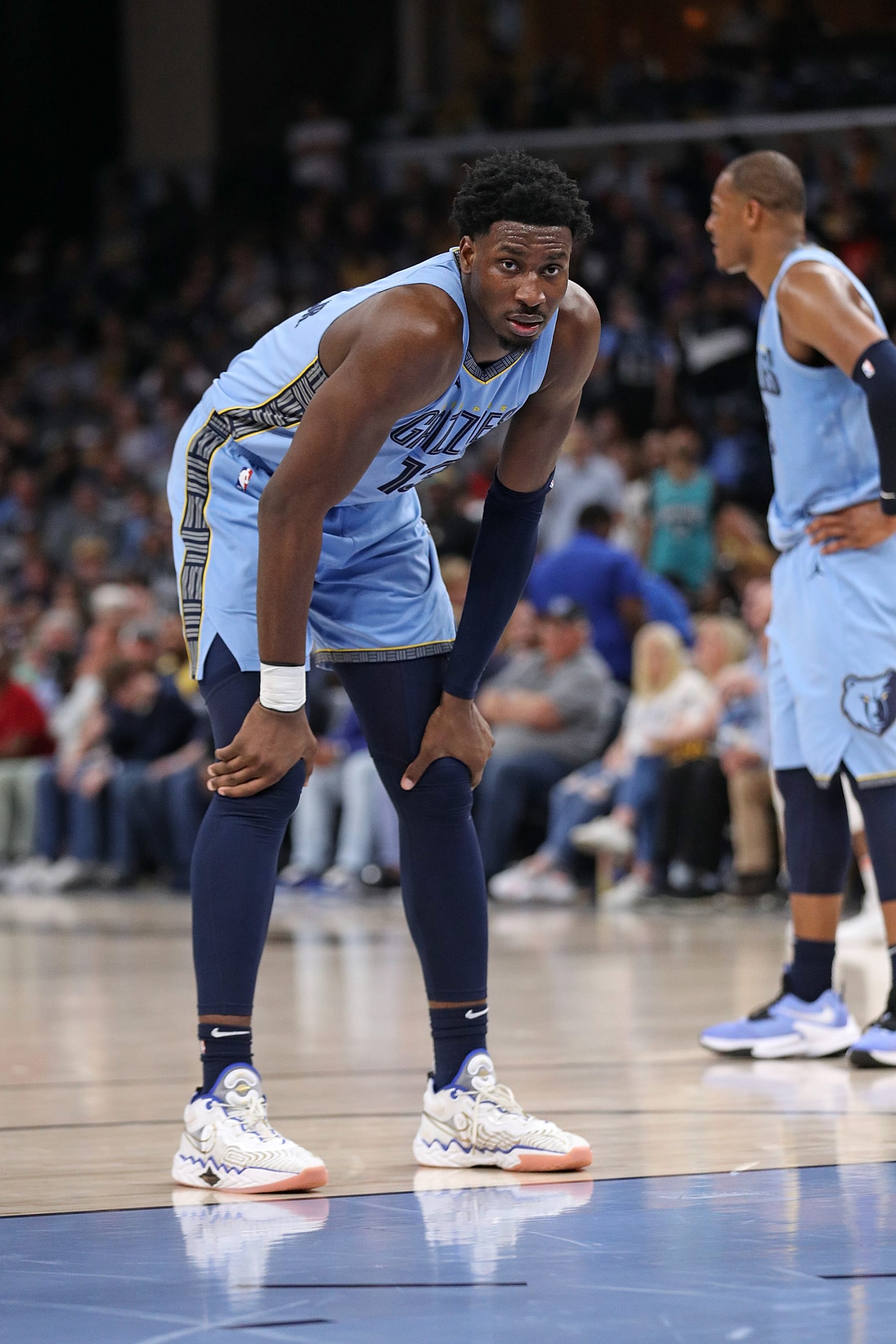 MEMPHIS, TENNESSEE - APRIL 26: Jaren Jackson Jr. #13 of the Memphis Grizzlies looks on against the Los Angeles Lakers during Game Five of the Western Conference First Round Playoffs at FedExForum on April 26, 2023 in Memphis, Tennessee. NOTE TO USER: User expressly acknowledges and agrees that, by downloading and or using this photograph, User is consenting to the terms and conditions of the Getty Images License Agreement. (Photo by Justin Ford/Getty Images)