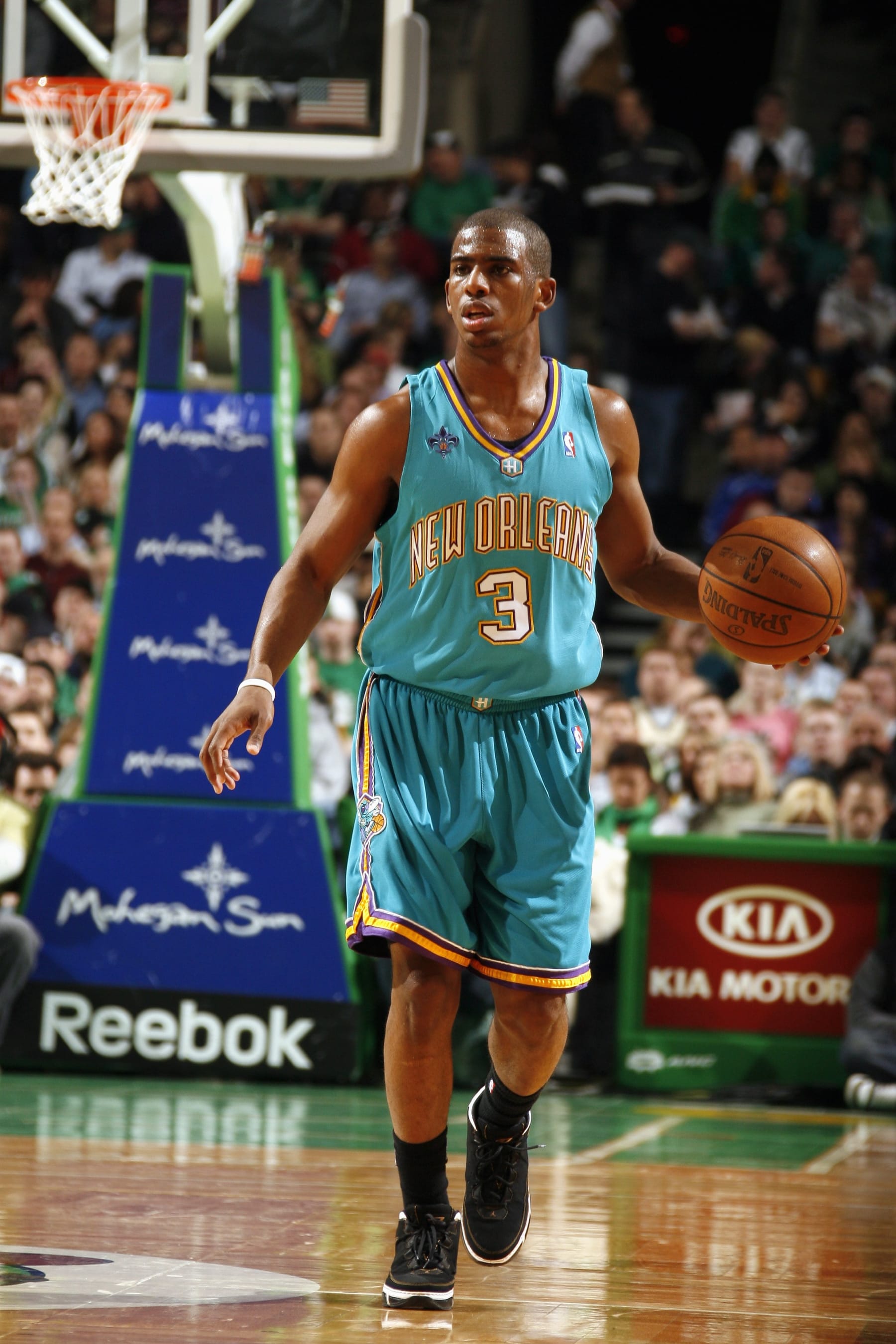 BOSTON - MARCH 28:  Chris Paul #3 of the New Orleans Hornets moves the ball up court during the game against the Boston Celtics at the TD Banknorth March 28, 2008 Garden in Boston, Massachusetts.  The Celtics won 112-92.  NOTE TO USER: User expressly acknowledges and agrees that, by downloading and or using this photograph, User is consenting to the terms and conditions of the Getty Images License Agreement. Mandatory Copyright Notice: Copyright 2008 NBAE (Photo by Nathaniel S. Butler/NBAE via Getty Images)