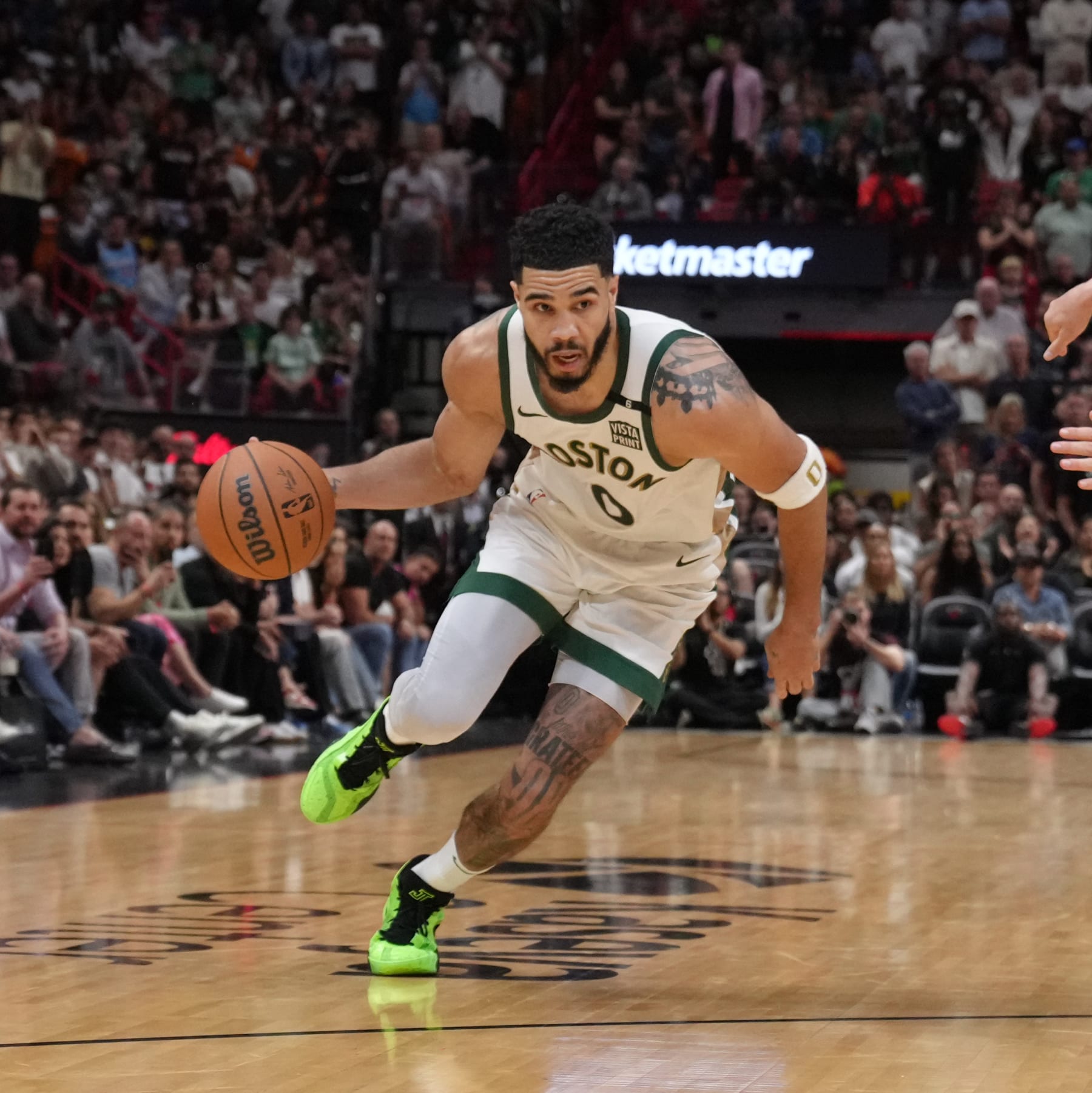 MIAMI, FL - FEBRUARY 11: Jayson Tatum #0 of the Boston Celtics dribbles the ball during the game against the Miami Heat on February 11, 2024 at Kaseya Center in Miami, Florida. NOTE TO USER: User expressly acknowledges and agrees that, by downloading and or using this Photograph, user is consenting to the terms and conditions of the Getty Images License Agreement. Mandatory Copyright Notice: Copyright 2024 NBAE (Photo by Eric Espada/NBAE via Getty Images)