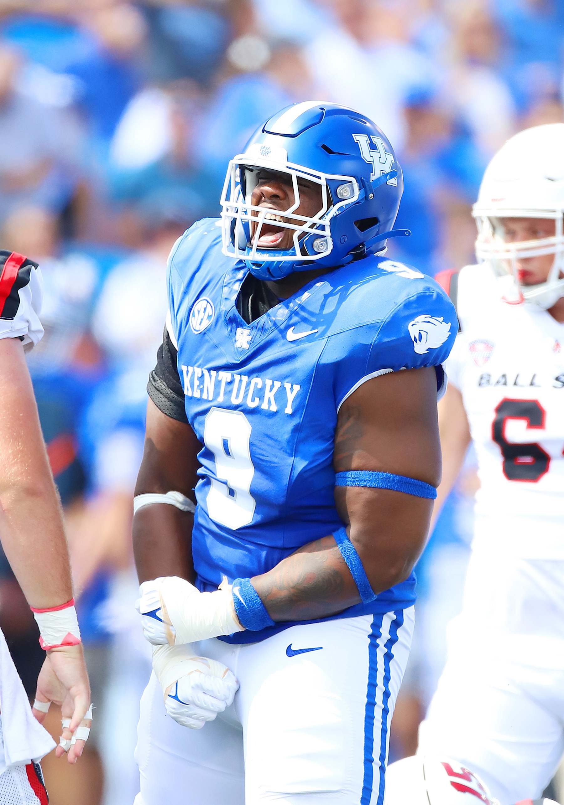 LEXINGTON, KY - SEPTEMBER 02: Kentucky Wildcats defensive lineman Keeshawn Silver (9) in a game between the Ball State Cardinals and the Kentucky Wildcats on September 2, 2023, at Kroger Field in Lexington, KY. (Photo by Jeff Moreland/Icon Sportswire via Getty Images)