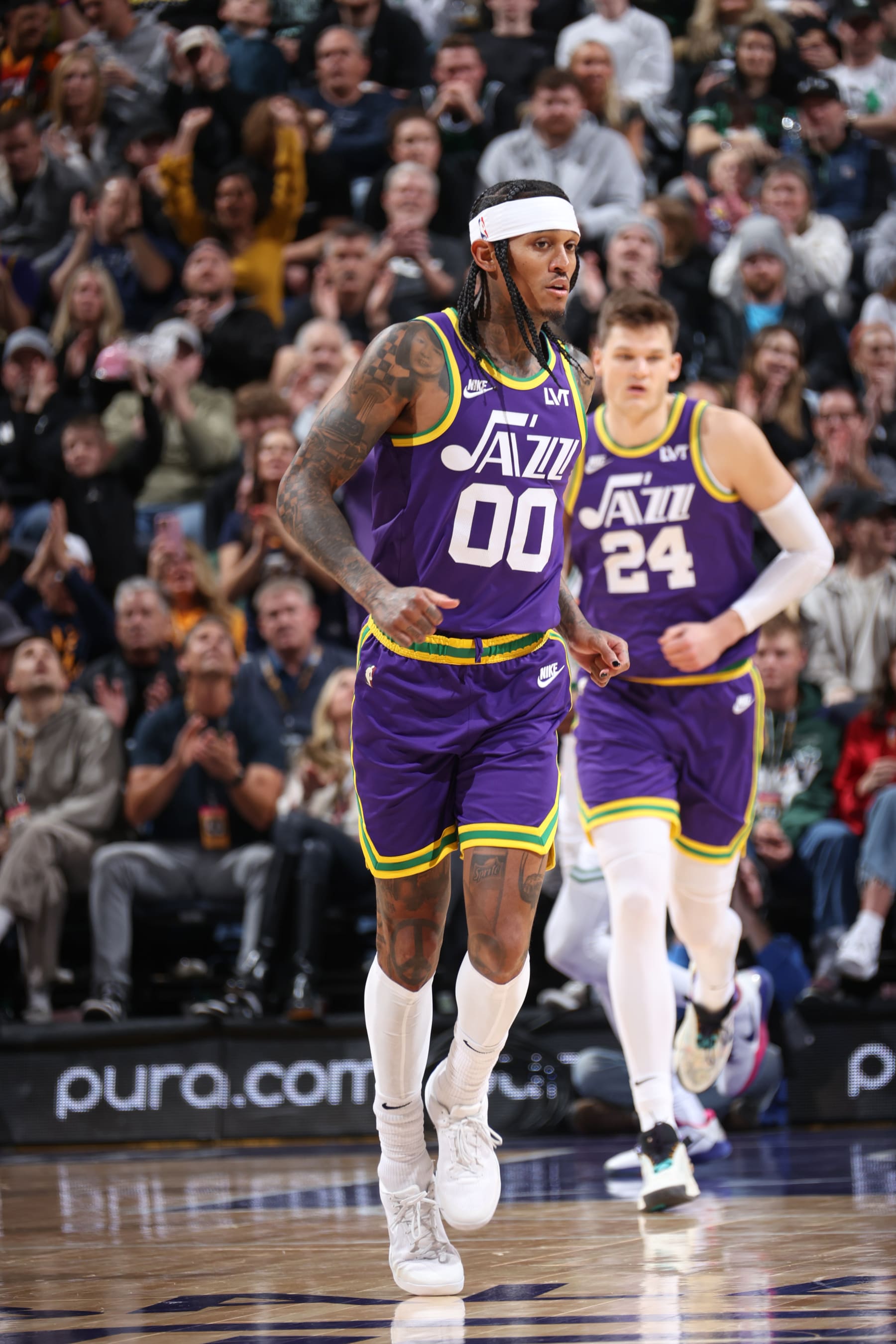 SALT LAKE CITY, UT - MARCH 12:  Jordan Clarkson #00 of the Utah Jazz looks on during the game on March 12, 2024 at Delta Center in Salt Lake City, Utah. NOTE TO USER: User expressly acknowledges and agrees that, by downloading and or using this Photograph, User is consenting to the terms and conditions of the Getty Images License Agreement. Mandatory Copyright Notice: Copyright 2024 NBAE (Photo by Melissa Majchrzak/NBAE via Getty Images)