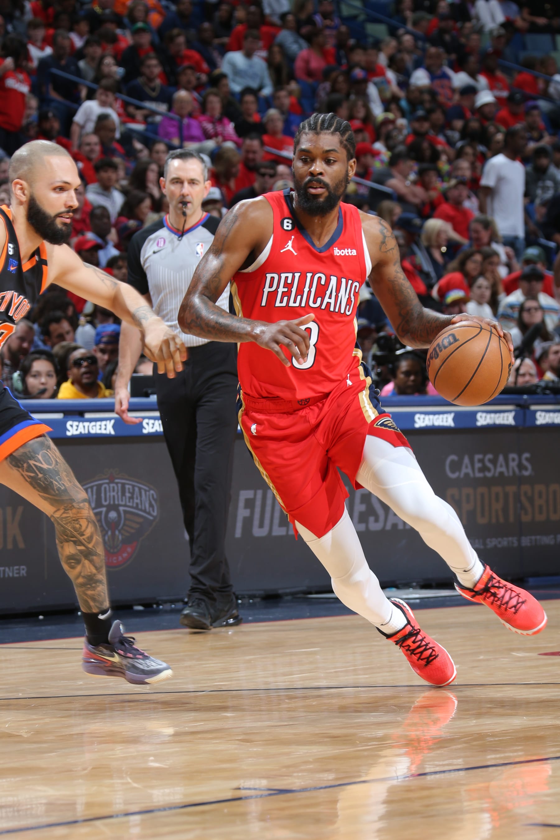 NEW ORLEANS, LA - APRIL 7: Naji Marshall #8 of the New Orleans Pelicans moves the ball during the game against the New York Knicks on April 7, 2023 at the Smoothie King Center in New Orleans, Louisiana. NOTE TO USER: User expressly acknowledges and agrees that, by downloading and or using this Photograph, user is consenting to the terms and conditions of the Getty Images License Agreement. Mandatory Copyright Notice: Copyright 2023 NBAE (Photo by Layne Murdoch Jr./NBAE via Getty Images)