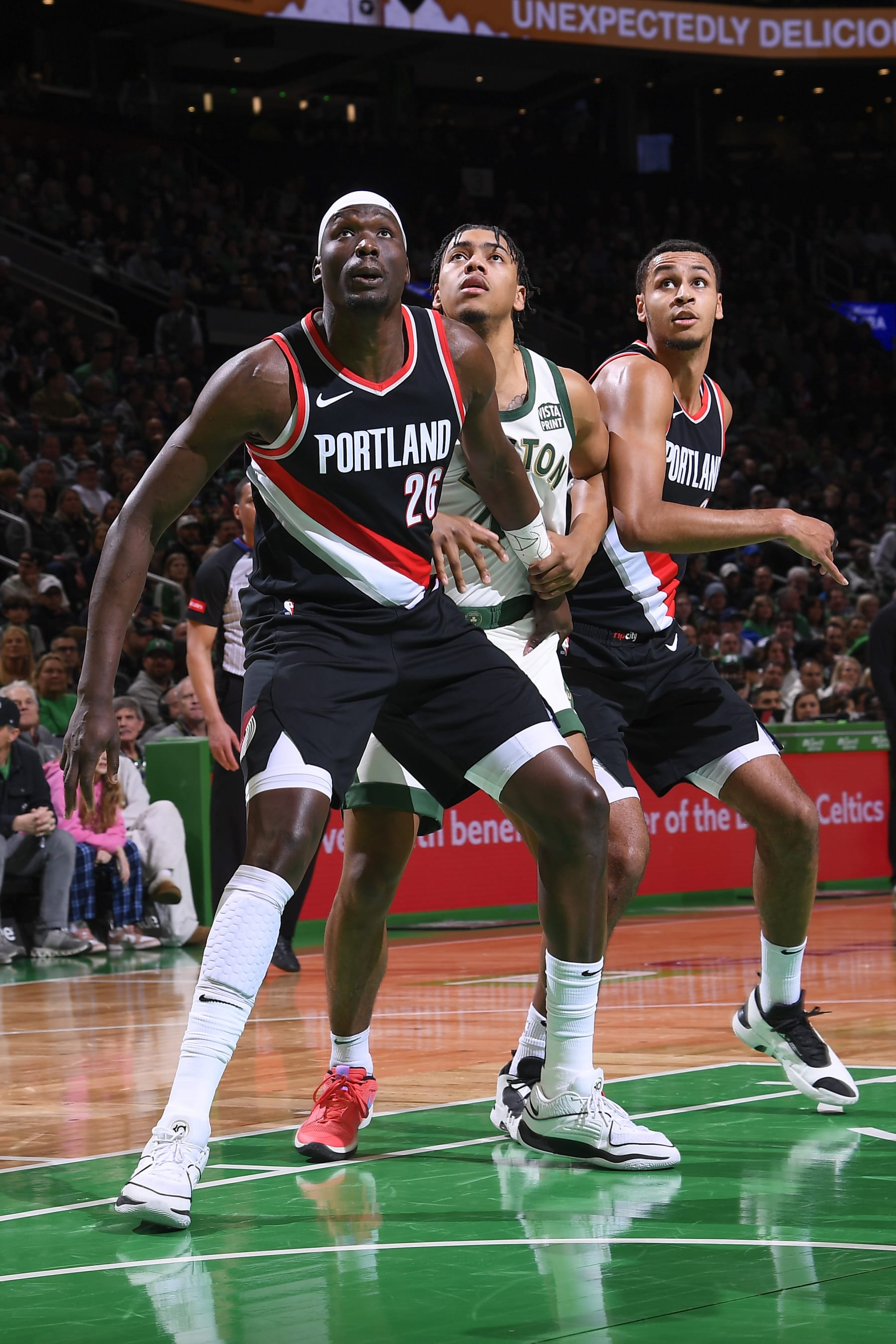 BOSTON, MA - APRIL 7: Duop Reath #26 of the Portland Trail Blazers boxes out Jaden Springer #44 of the Boston Celtics during the game  on April 7, 2024 at the TD Garden in Boston, Massachusetts. NOTE TO USER: User expressly acknowledges and agrees that, by downloading and or using this photograph, User is consenting to the terms and conditions of the Getty Images License Agreement. Mandatory Copyright Notice: Copyright 2024 NBAE  (Photo by Brian Babineau/NBAE via Getty Images)