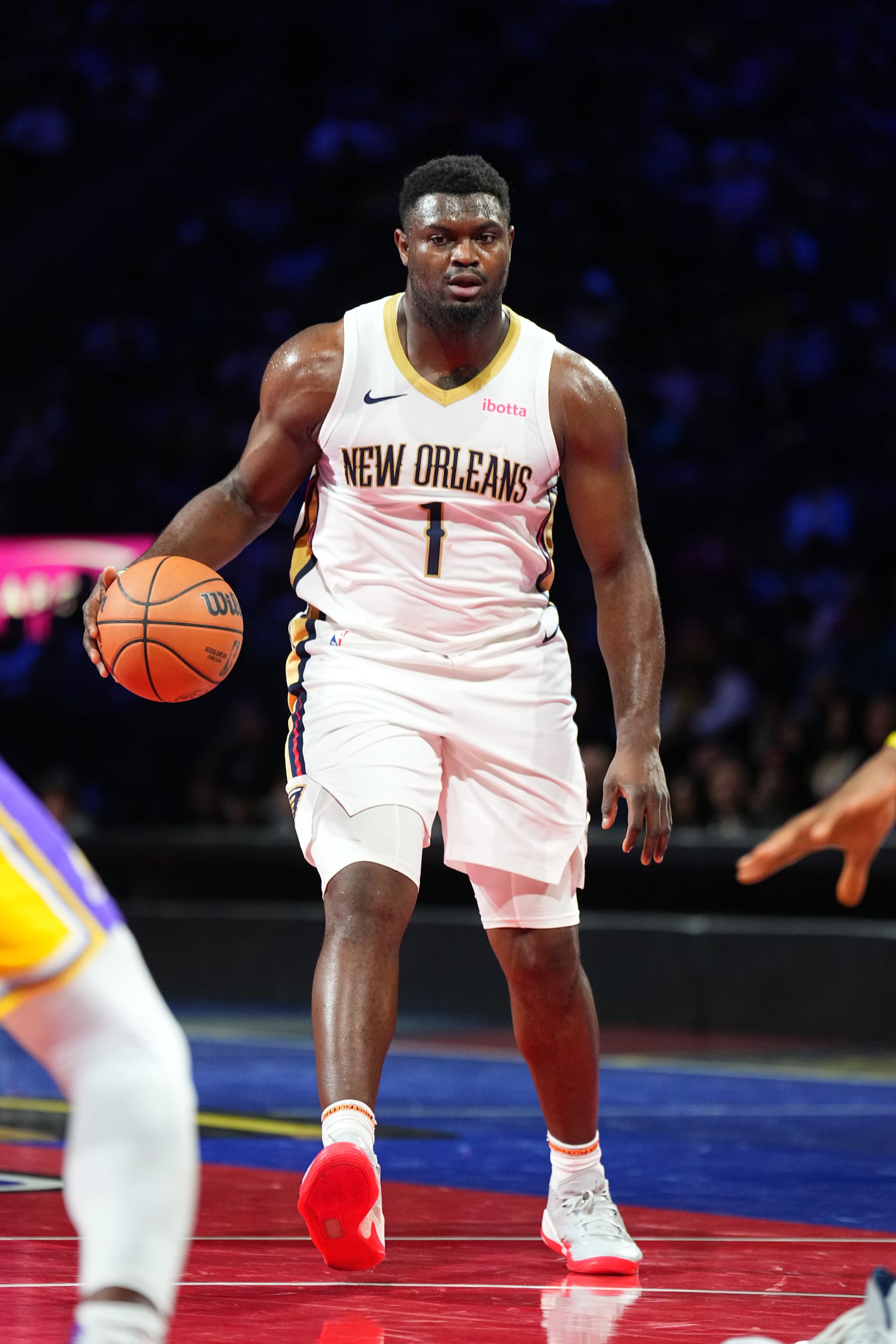 LAS VEGAS, NV - DECEMBER 7: Zion Williamson #1 of the New Orleans Pelicans dribbles the ball during the game against the Los Angeles Lakers during the semifinals of the In-Season Tournament on December 7, 2023 at T-Mobile Arena in Las Vegas, Nevada. NOTE TO USER: User expressly acknowledges and agrees that, by downloading and or using this photograph, User is consenting to the terms and conditions of the Getty Images License Agreement. Mandatory Copyright Notice: Copyright 2023 NBAE (Photo by Garrett Ellwood/NBAE via Getty Images)
