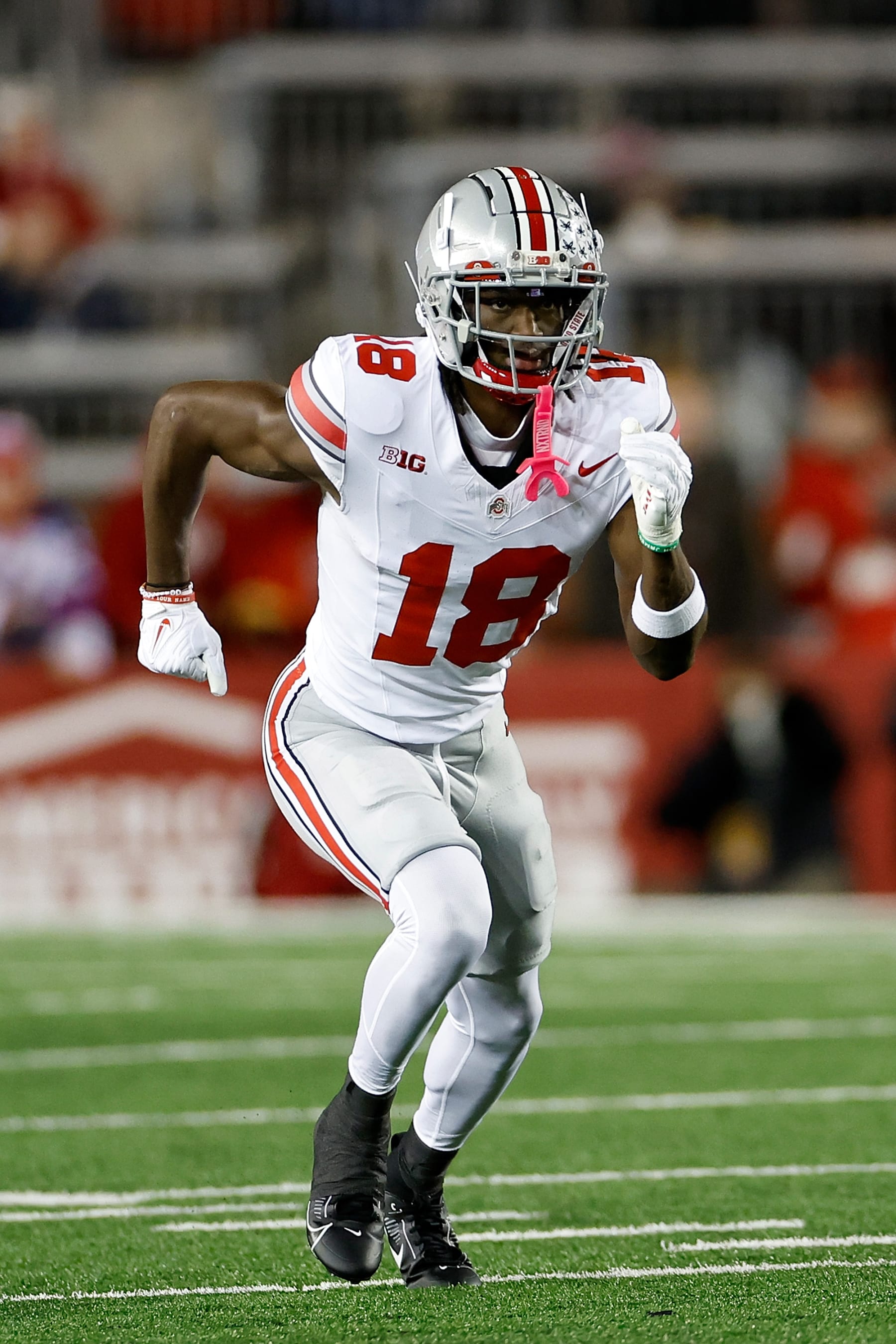 MADISON, WISCONSIN - OCTOBER 28: Marvin Harrison Jr. #18 of the Ohio State Buckeyes during the game against the Wisconsin Badgers at Camp Randall Stadium on October 28, 2023 in Madison, Wisconsin. (Photo by John Fisher/Getty Images)
