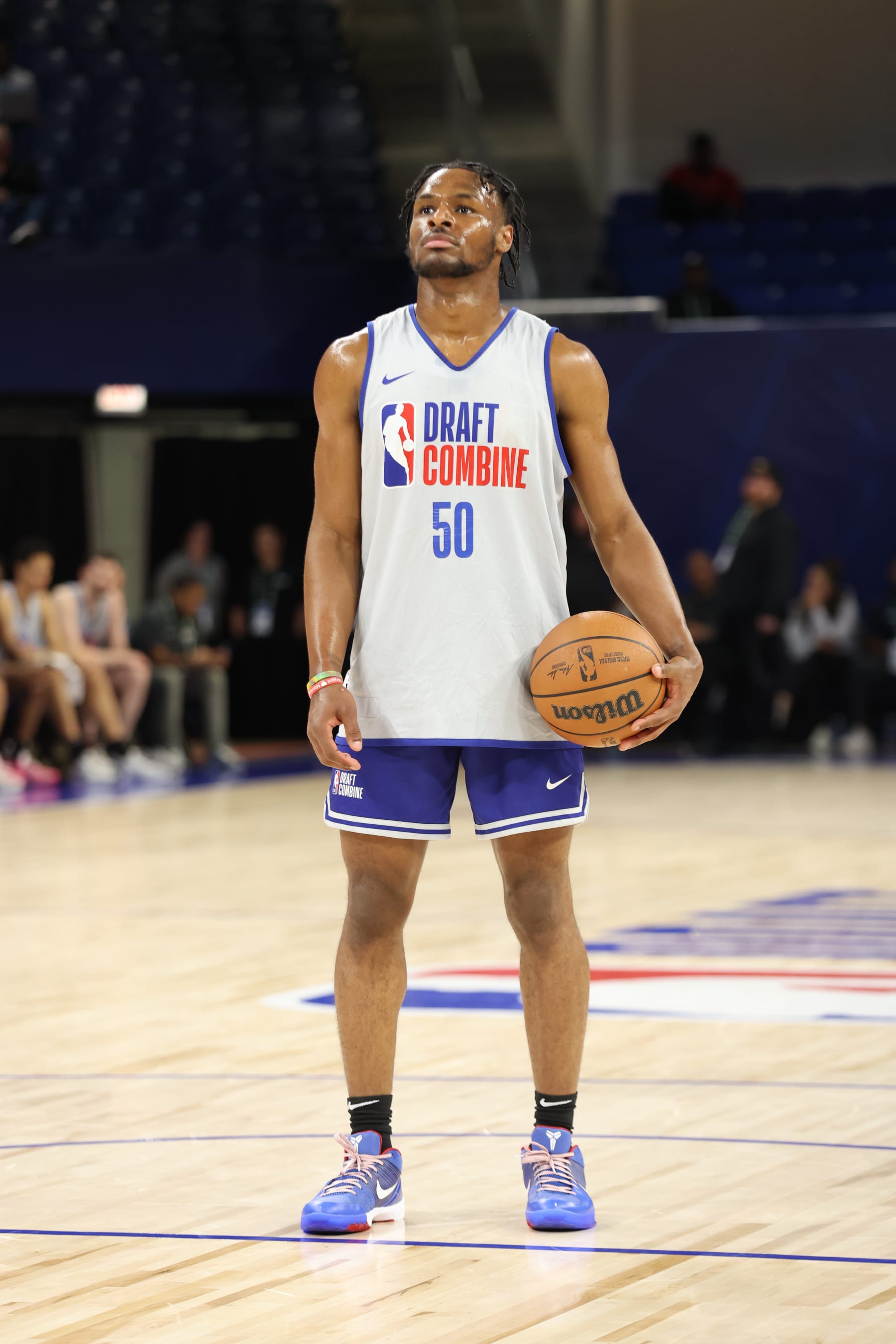 CHICAGO, IL - MAY 15: Bronny James shoots a free throw during the 2024 NBA Combine on May 15, 2024 at Wintrust Arena in Chicago, Illinois. NOTE TO USER: User expressly acknowledges and agrees that, by downloading and or using this photograph, User is consenting to the terms and conditions of the Getty Images License Agreement. Mandatory Copyright Notice: Copyright 2024 NBAE (Photo by Jeff Haynes/NBAE via Getty Images)