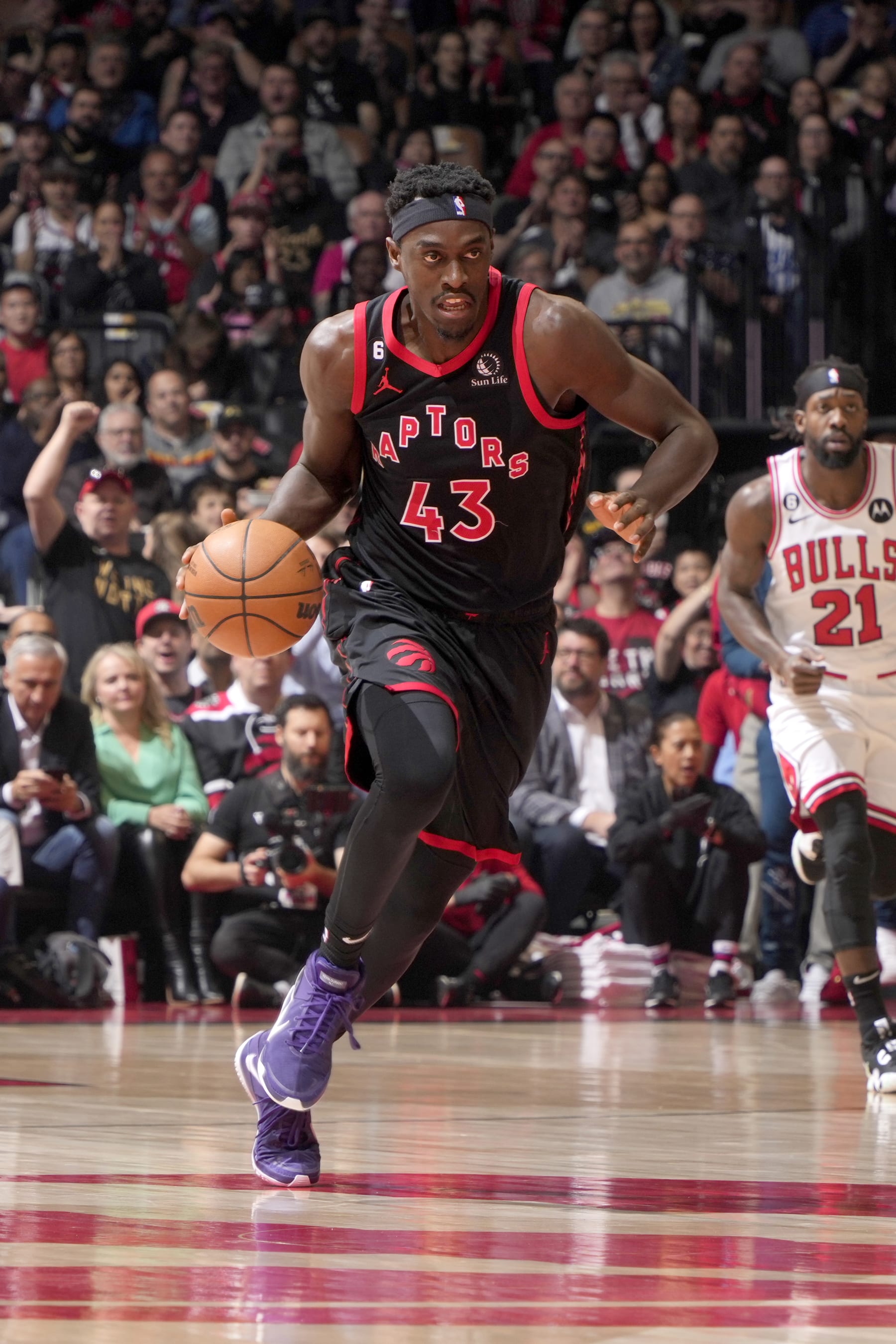 TORONTO, CANADA - APRIL 12:  Pascal Siakam #43 of the Toronto Raptors dribbles the ball against the Chicago Bulls during the 2023 Play-In Tournament on April 12, 2023 at the Scotiabank Arena in Toronto, Ontario, Canada.  NOTE TO USER: User expressly acknowledges and agrees that, by downloading and or using this Photograph, user is consenting to the terms and conditions of the Getty Images License Agreement.  Mandatory Copyright Notice: Copyright 2022 NBAE (Photo by Mark Blinch/NBAE via Getty Images)