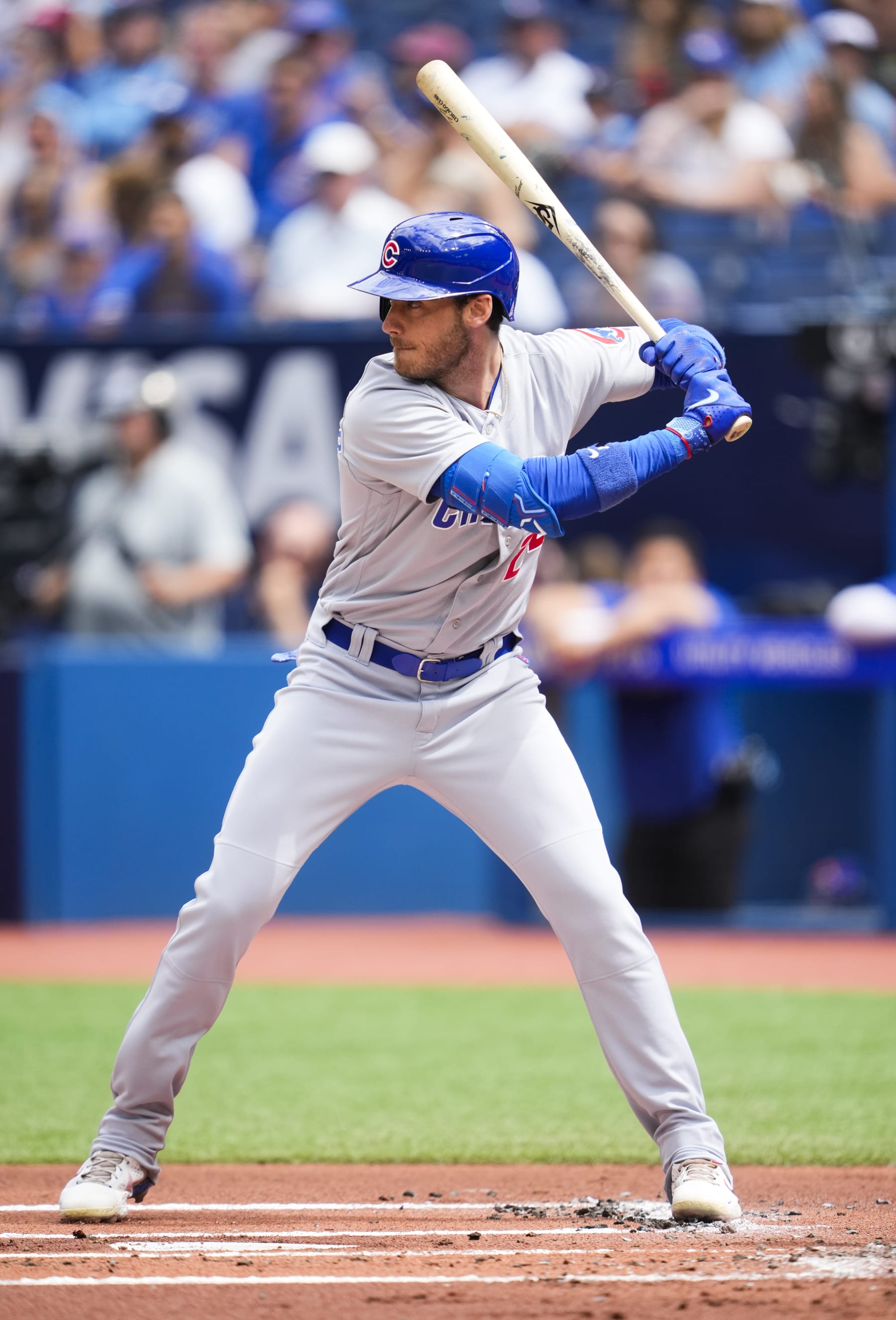 TORONTO, ON - AUGUST 13: Cody Bellinger #24 of Chicago Cubs takes an at bat against the Toronto Blue Jays in their MLB game at the Rogers Centre on August 13, 2023 in Toronto, Ontario, Canada. (Photo by Mark Blinch/Getty Images)