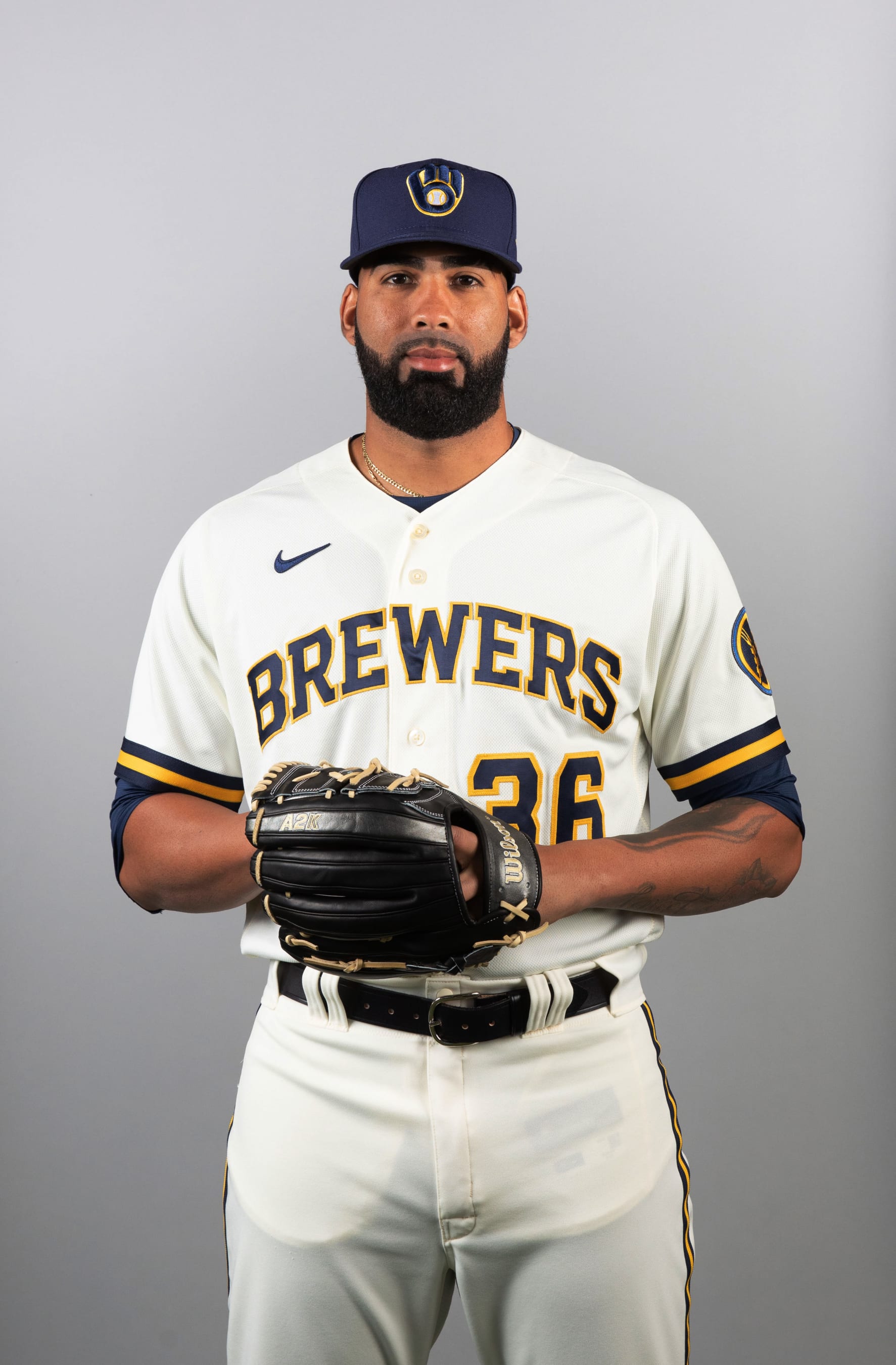 MARYVALE, AZ - MARCH 17: J.C. MejÌa #36 of the Milwaukee Brewers poses for a photo during the Milwaukee Brewers Photo Day at American Family Fields of Phoenix on Thursday, March 17, 2022 in Maryvale, Arizona. (Photo by Caitlin O'Hara/MLB Photos via Getty Images)