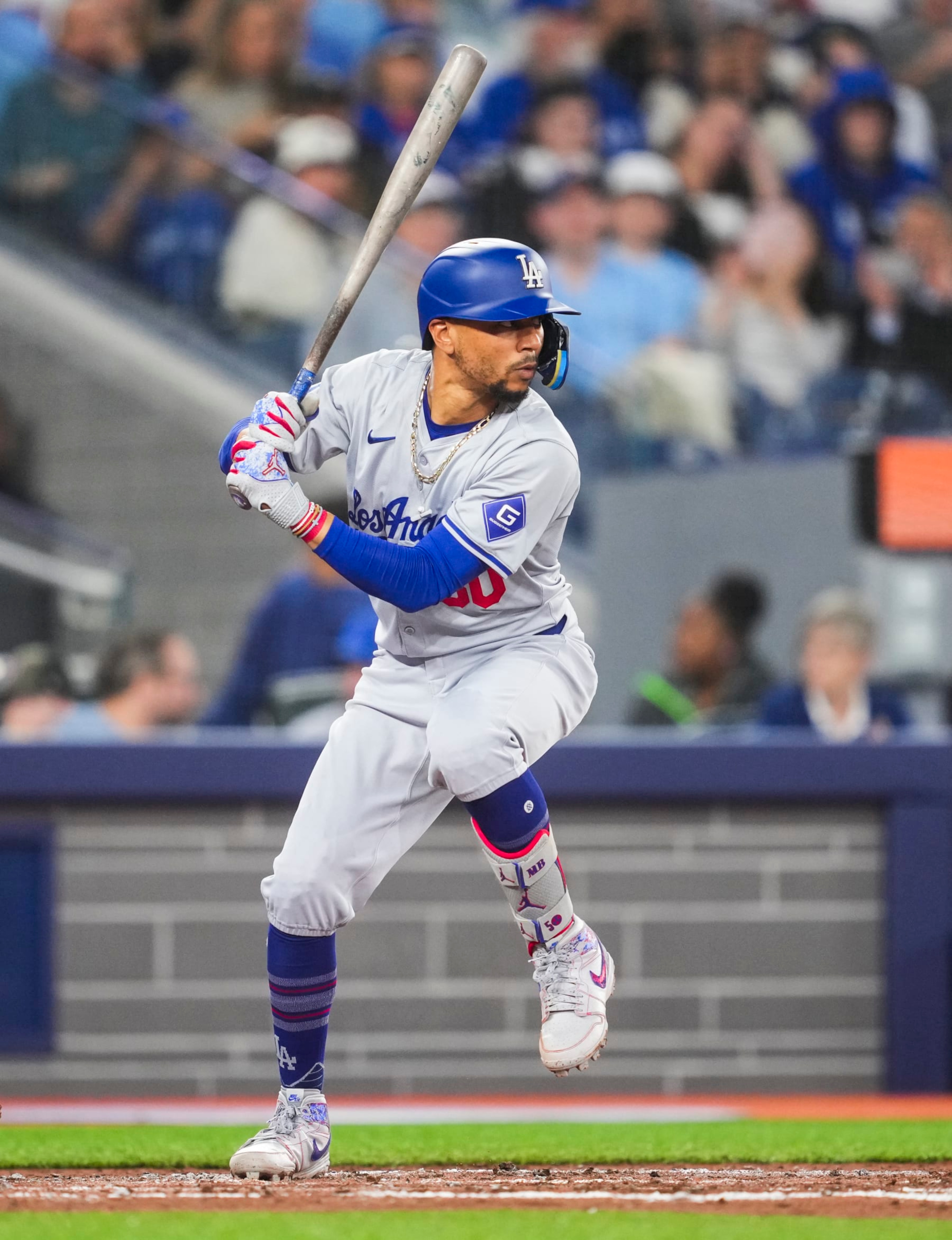 TORONTO, ON - APRIL 28: Mookie Betts #50 of the Los Angeles Dodgers takes his batting stance while at bat against the Toronto Blue Jays during the third inning in their MLB game at the Rogers Centre on April 28, 2024 in Toronto, Ontario, Canada. (Photo by Mark Blinch/Getty Images)