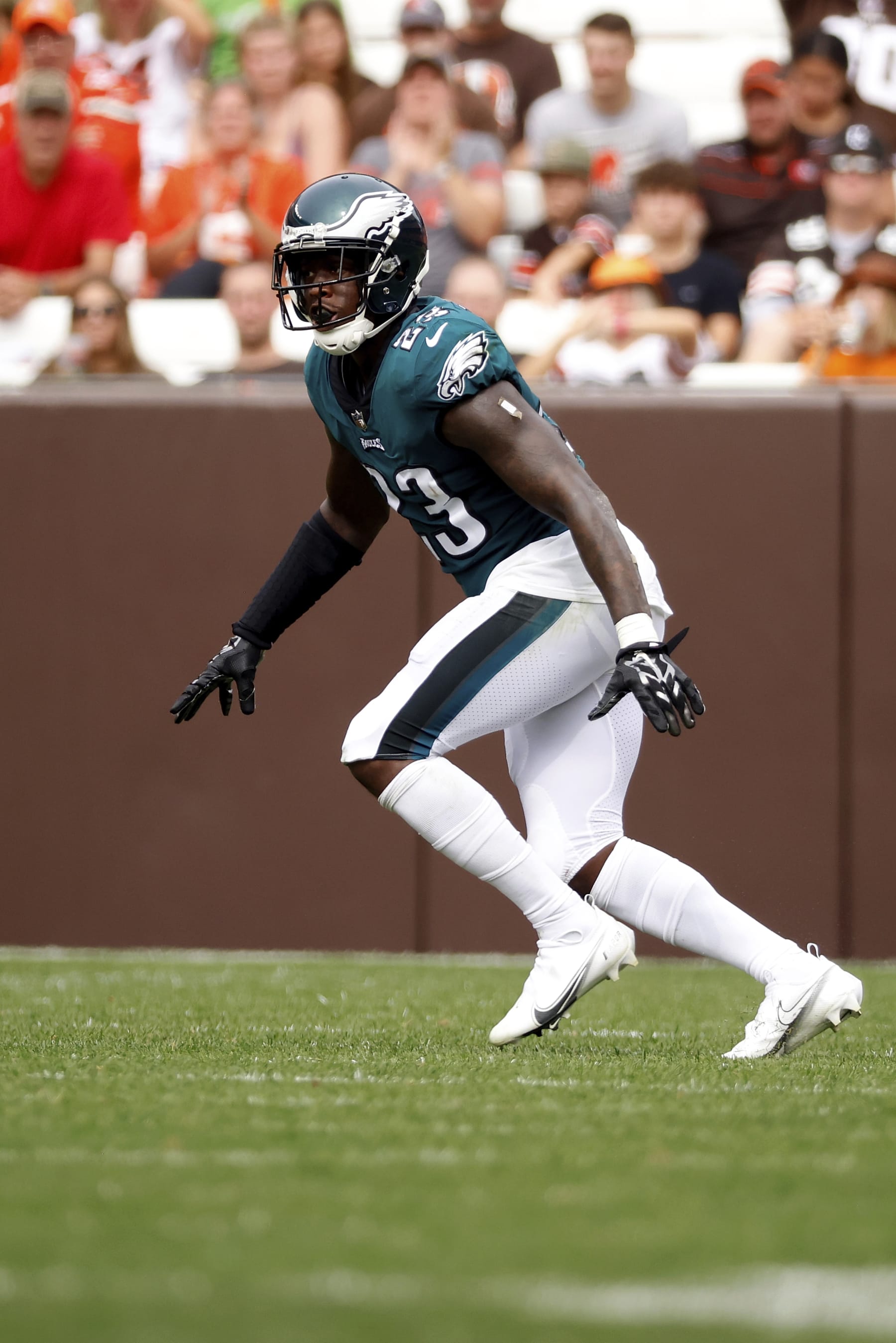 Philadelphia Eagles safety Jaquiski Tartt (23) drops back in coverage during an NFL preseason football game against the Cleveland Browns, Sunday, Aug. 21, 2022, in Cleveland. (AP Photo/Kirk Irwin)
