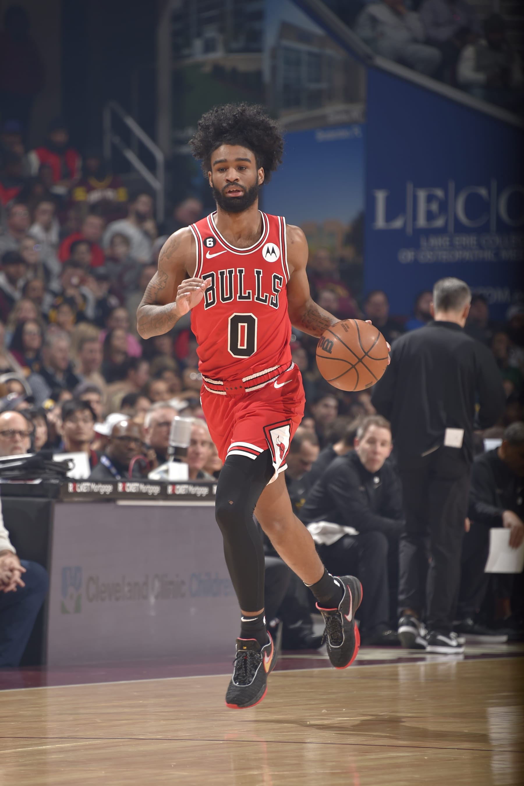CLEVELAND, OH - FEBRUARY 11: Coby White #0 of the Chicago Bulls dribbles the ball during the game against the Cleveland Cavaliers on February 11, 2023 at Rocket Mortgage FieldHouse in Cleveland, Ohio. NOTE TO USER: User expressly acknowledges and agrees that, by downloading and/or using this Photograph, user is consenting to the terms and conditions of the Getty Images License Agreement. Mandatory Copyright Notice: Copyright 2023 NBAE (Photo by David Liam Kyle/NBAE via Getty Images)