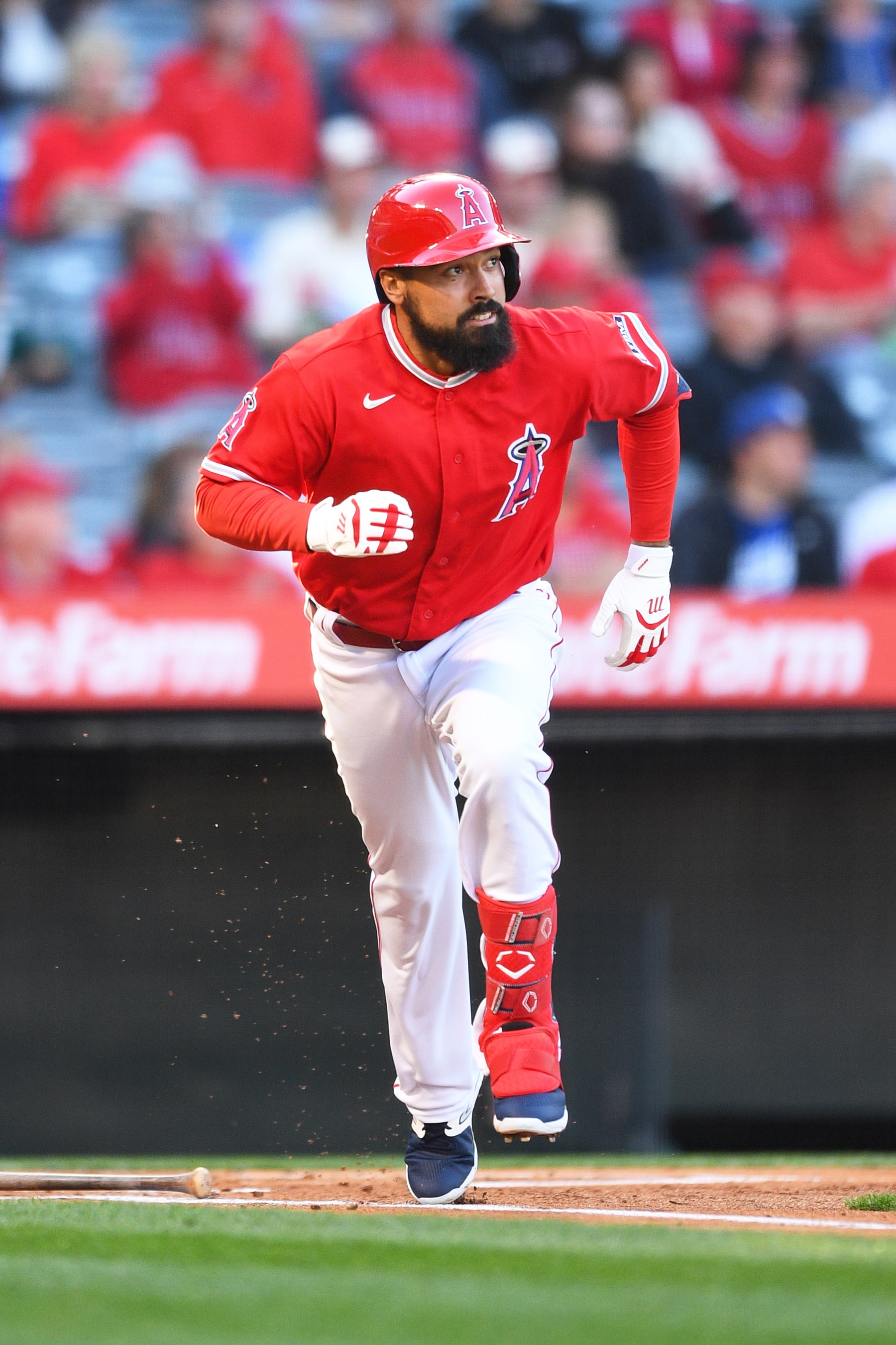 ANAHEIM, CA - MARCH 28: Los Angeles Angels third baseman Anthony Rendon (6) runs up the first base line during the MLB Spring Training game between the Los Angeles Dodgers and the Los Angeles Angels of Anaheim on March 28, 2023 at Angel Stadium of Anaheim in Anaheim, CA. (Photo by Brian Rothmuller/Icon Sportswire via Getty Images)