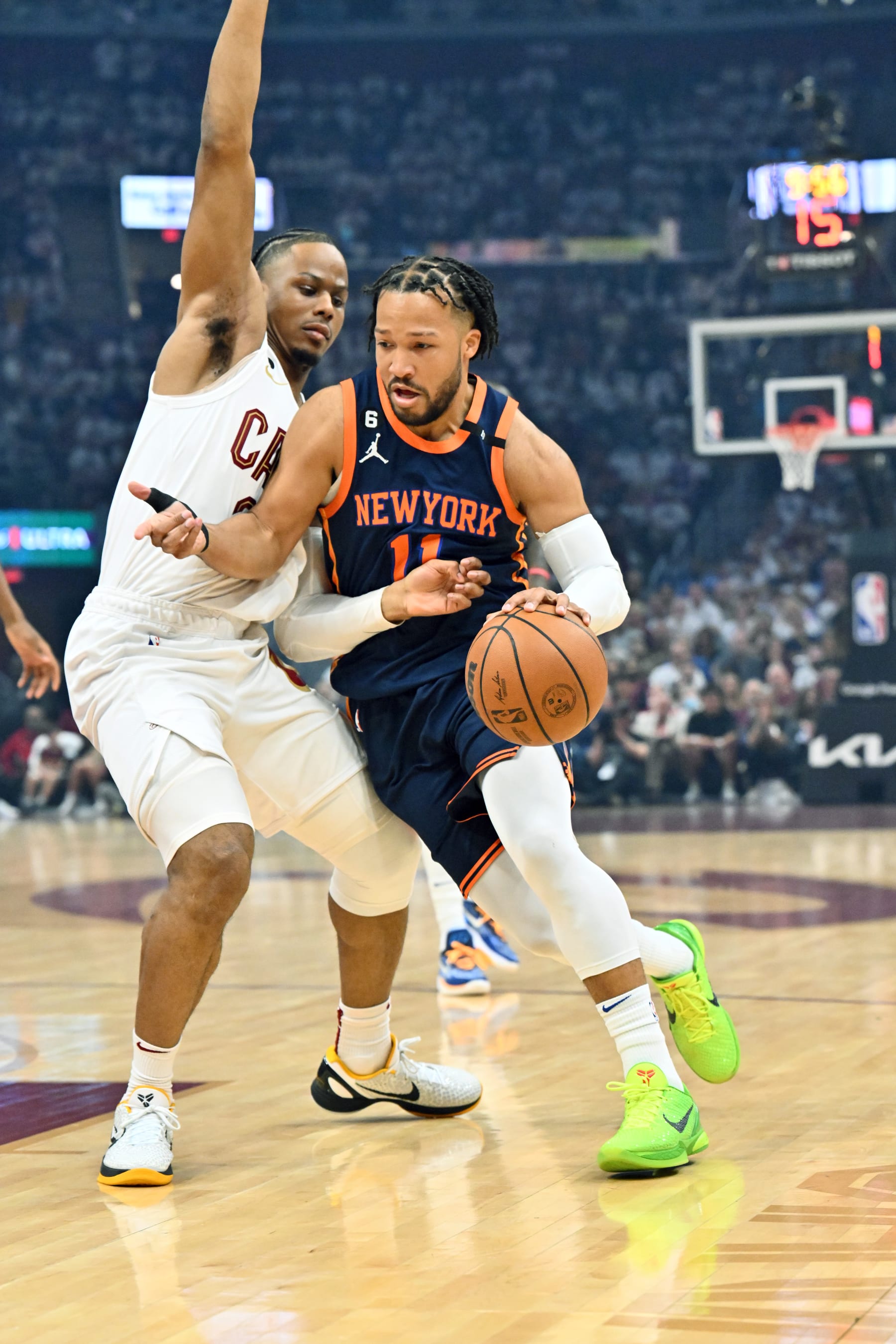 CLEVELAND, OHIO - APRIL 15: Jalen Brunson #11 of the New York Knicks drives to the basket around Isaac Okoro #35 of the Cleveland Cavaliers during the first quarter of Game One of the Eastern Conference First Round Playoffs at Rocket Mortgage Fieldhouse on April 15, 2023 in Cleveland, Ohio. NOTE TO USER: User expressly acknowledges and agrees that, by downloading and or using this photograph, User is consenting to the terms and conditions of the Getty Images License Agreement. (Photo by Jason Miller/Getty Images)