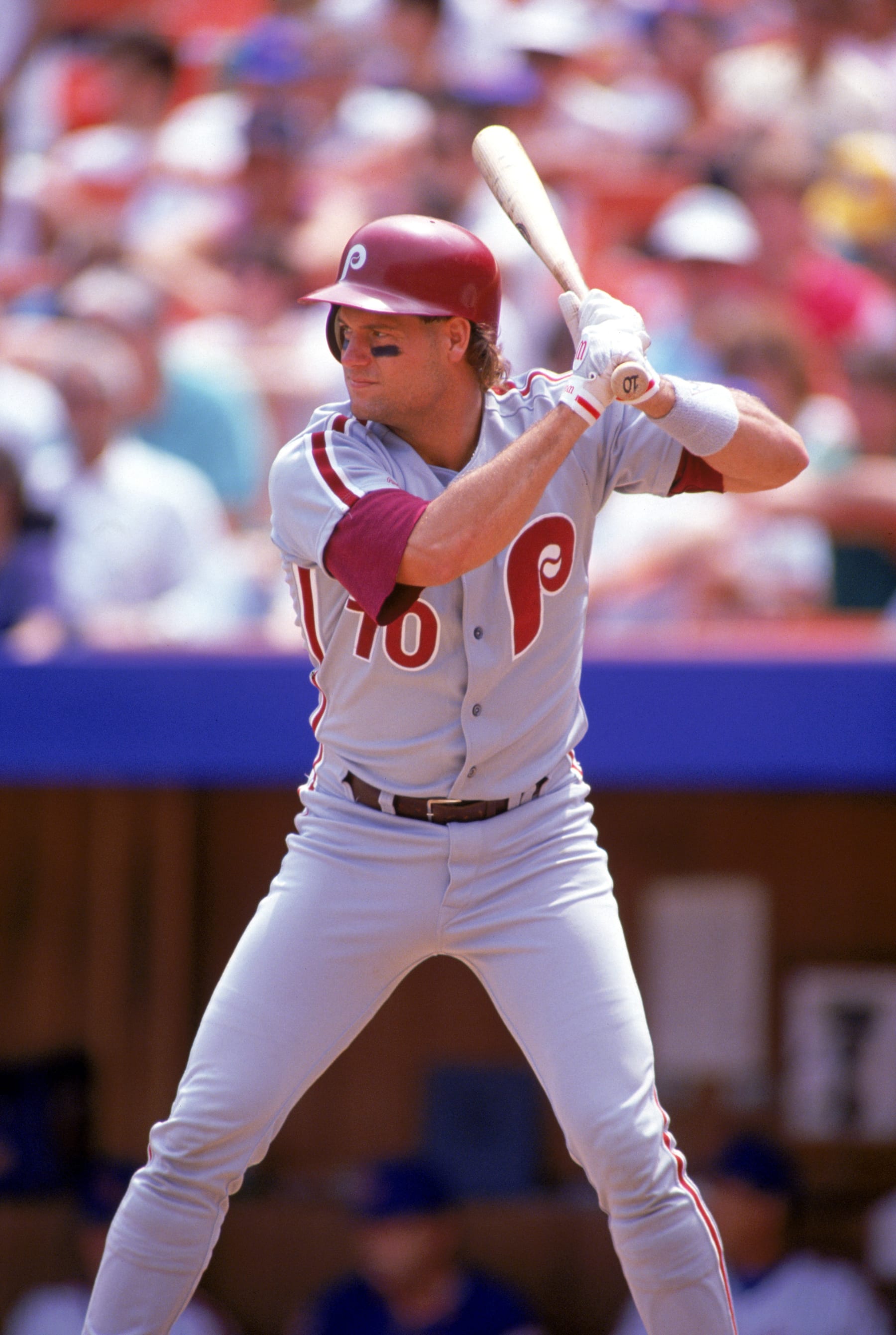 1990 - Darren Daulton #10 of the Philadelphia Phillies stands ready at bat during a game in the 1990 season.  (Photo by: Scott Halleran/Getty Images)