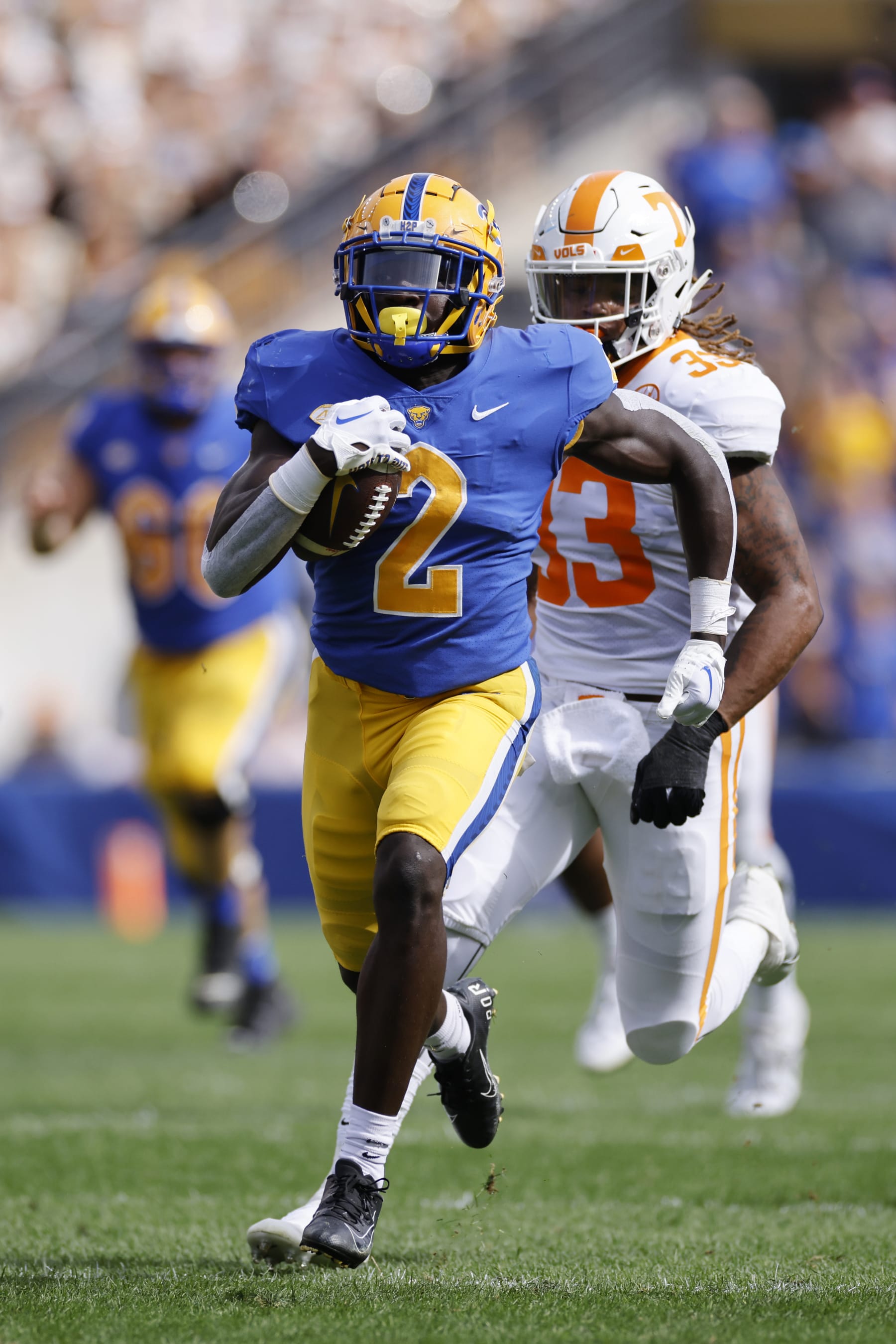 PITTSBURGH, PA - SEPTEMBER 10: Pittsburgh Panthers running back Israel Abanikanda (2) breaks free for a 76-yard touchdown run during a college football game against the Tennessee Volunteers on September 10, 2022 at Acrisure Stadium in Pittsburgh, Pennsylvania. (Photo by Joe Robbins/Icon Sportswire via Getty Images)