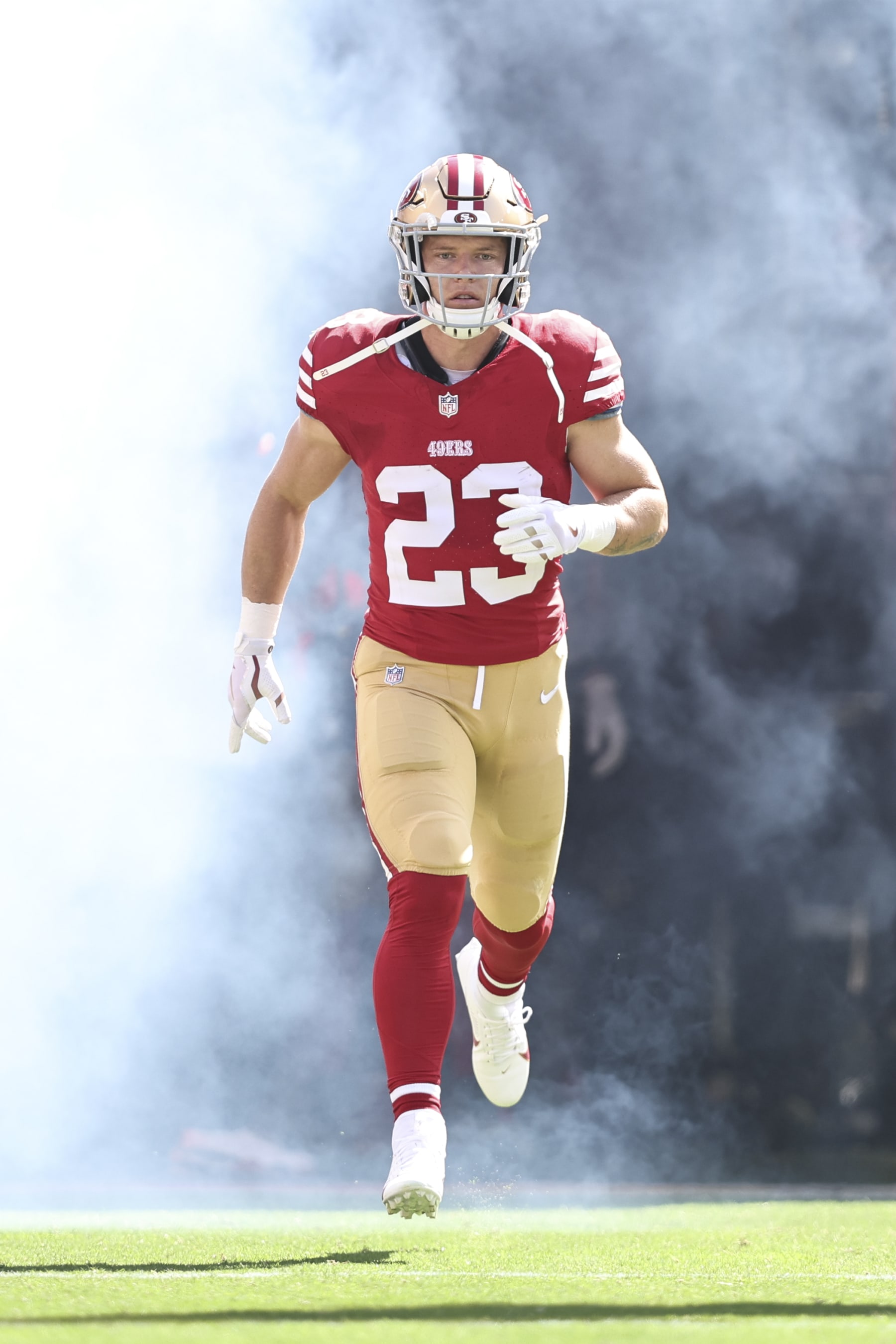 SANTA CLARA, CALIFORNIA - OCTOBER 01: Christian McCaffrey #23 of the San Francisco 49ers takes the field prior to an NFL football game between the San Francisco 49ers and the Arizona Cardinals at Levi's Stadium on October 01, 2023 in Santa Clara, California. (Photo by Michael Owens/Getty Images)