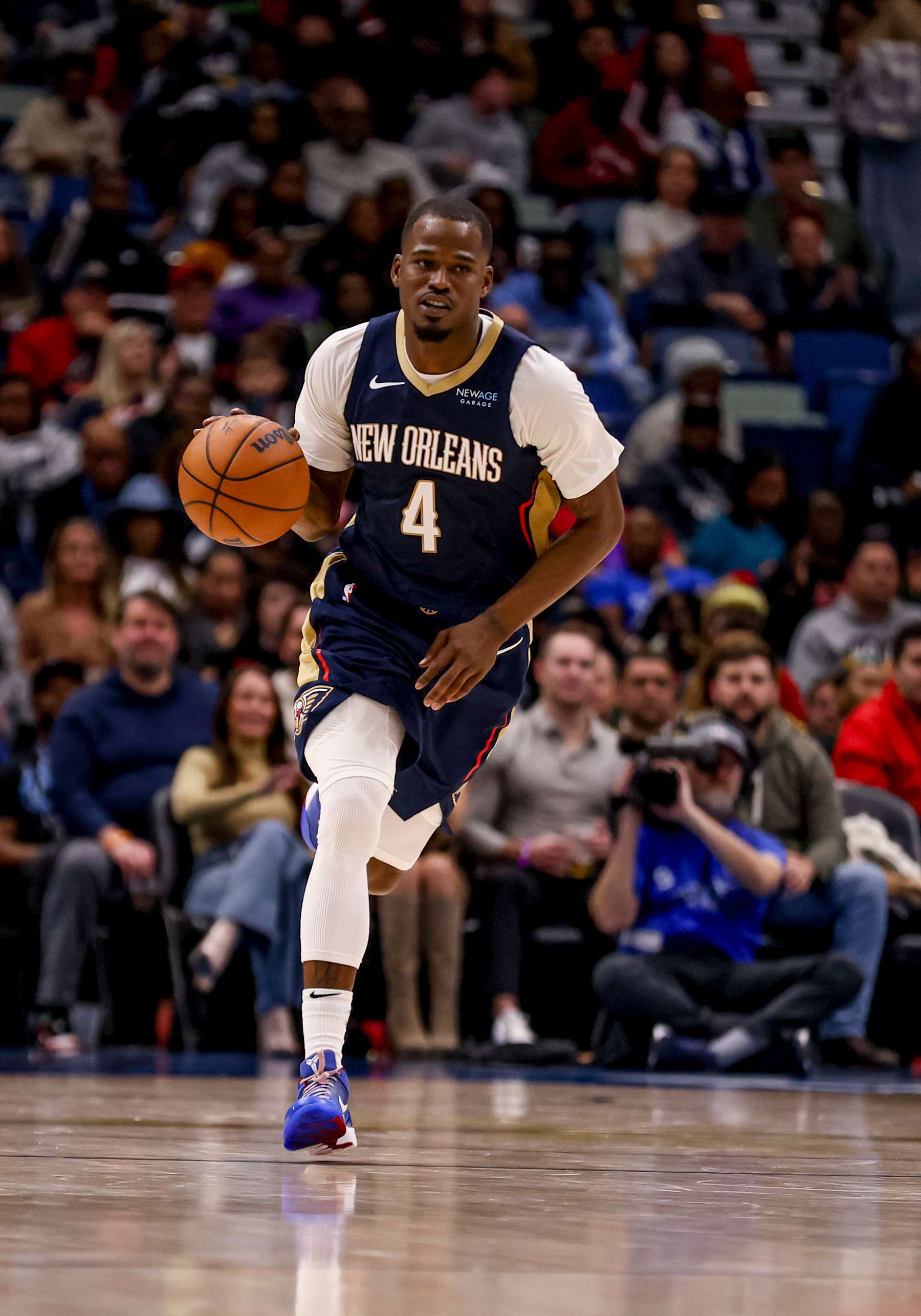 NEW ORLEANS, LOUISIANA - JANUARY 17: Javonte Green #4 of the New Orleans Pelicans plays against the Utah Jazz during the first half of a game at the Smoothie King Center on January 17, 2025 in New Orleans, Louisiana. NOTE TO USER: User expressly acknowledges and agrees that, by downloading and or using this photograph, User is consenting to the terms and conditions of the Getty Images License Agreement. (Photo by Derick E. Hingle/Getty Images)