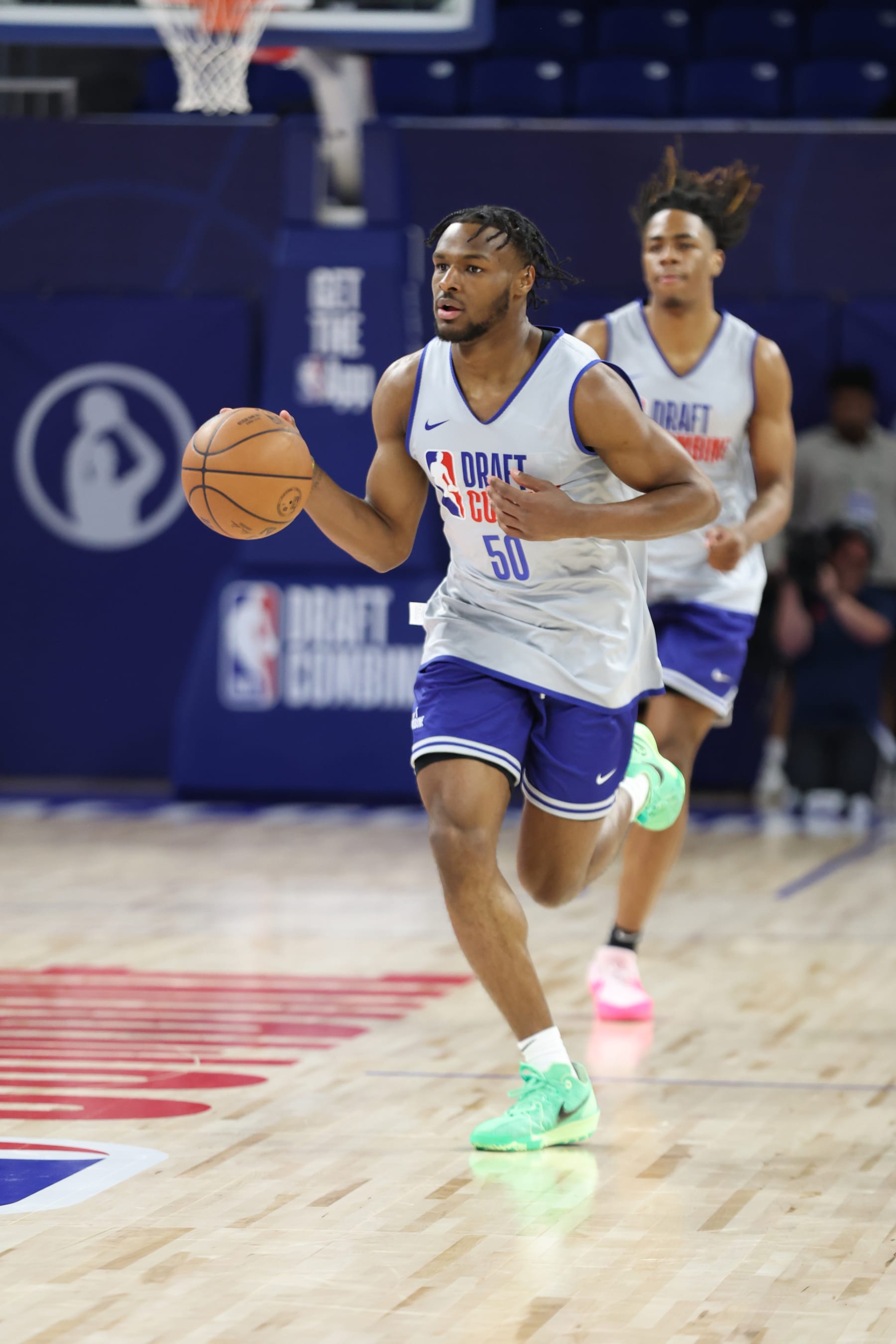 CHICAGO, IL - MAY 14: Bronny James dribbles the ball during a scrimmage during the 2024 NBA Combine on May 14, 2024 at Wintrust Arena in Chicago, Illinois. NOTE TO USER: User expressly acknowledges and agrees that, by downloading and or using this photograph, User is consenting to the terms and conditions of the Getty Images License Agreement. Mandatory Copyright Notice: Copyright 2024 NBAE (Photo by Jeff Haynes/NBAE via Getty Images)