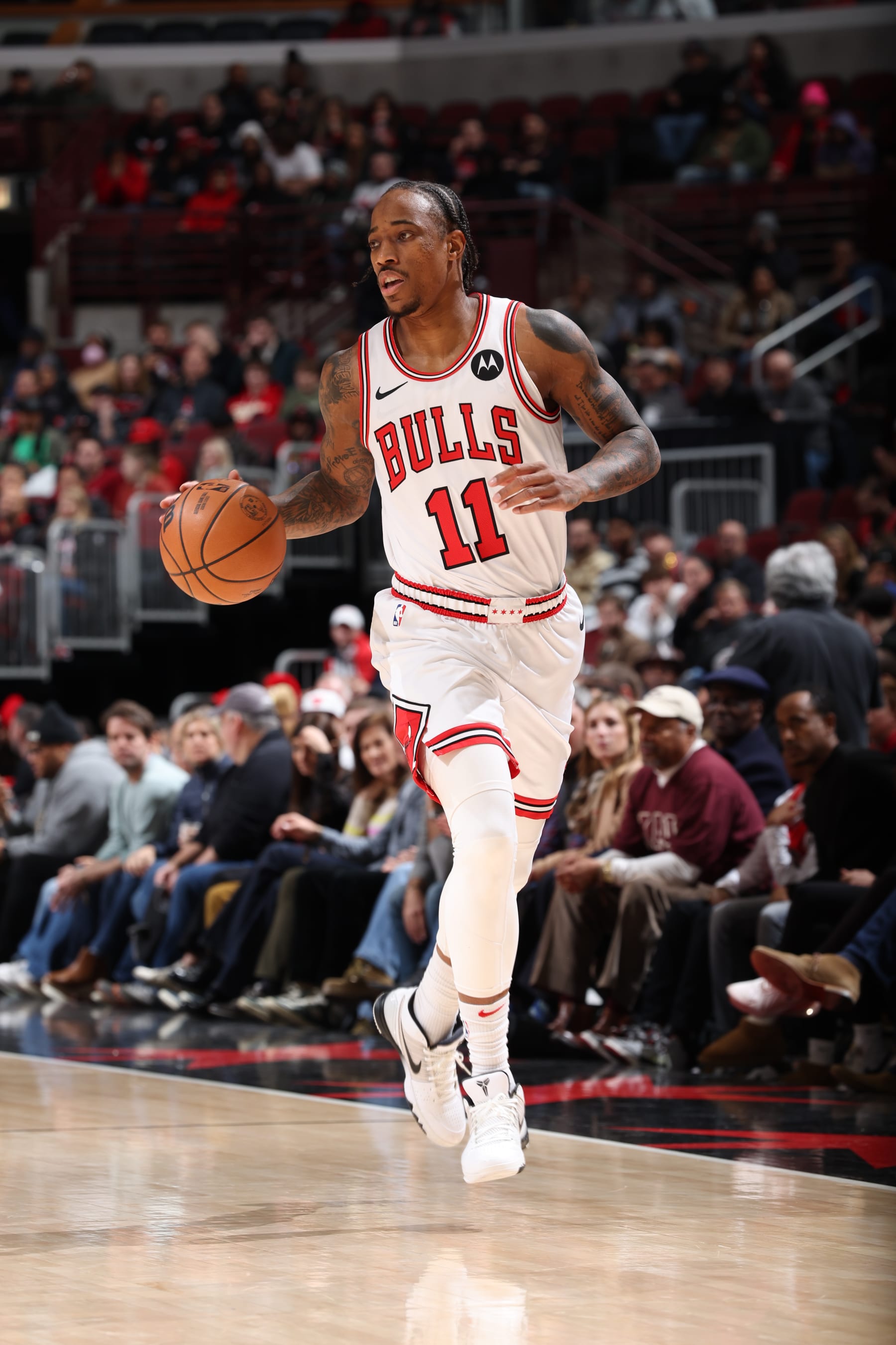 CHICAGO, IL - DECEMBER 2: DeMar DeRozan #11 of the Chicago Bulls dribbles the ball during the game against the New Orleans Pelicans on December 2, 2023 at United Center in Chicago, Illinois. NOTE TO USER: User expressly acknowledges and agrees that, by downloading and or using this photograph, User is consenting to the terms and conditions of the Getty Images License Agreement. Mandatory Copyright Notice: Copyright 2023 NBAE (Photo by Jeff Haynes/NBAE via Getty Images)