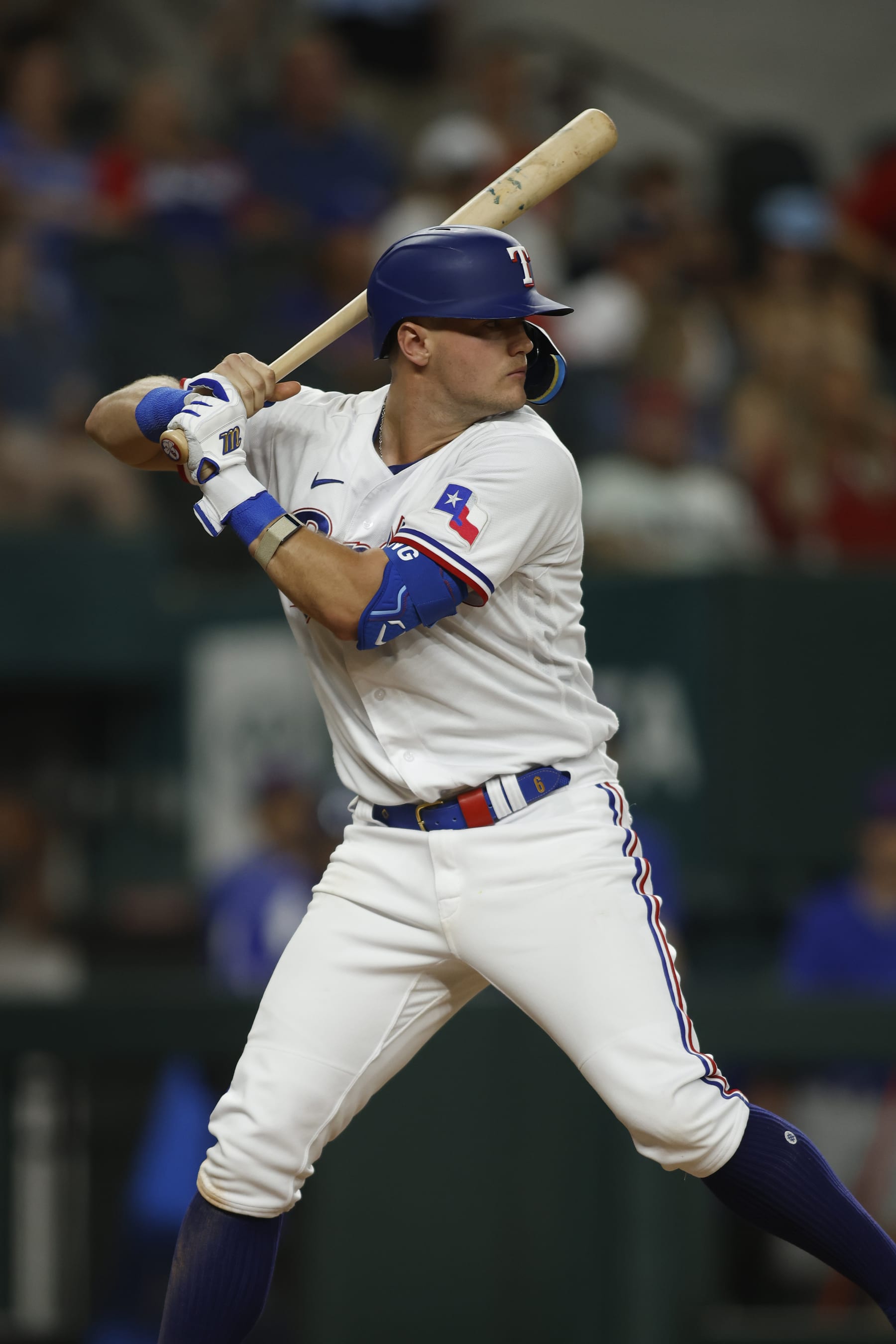 ARLINGTON, TEXAS - AUGUST 02: Josh Jung #6 of the Texas Rangers bats in the fifth inning against the Chicago White Sox at Globe Life Field on August 02, 2023 in Arlington, Texas. (Photo by Tim Heitman/Getty Images)