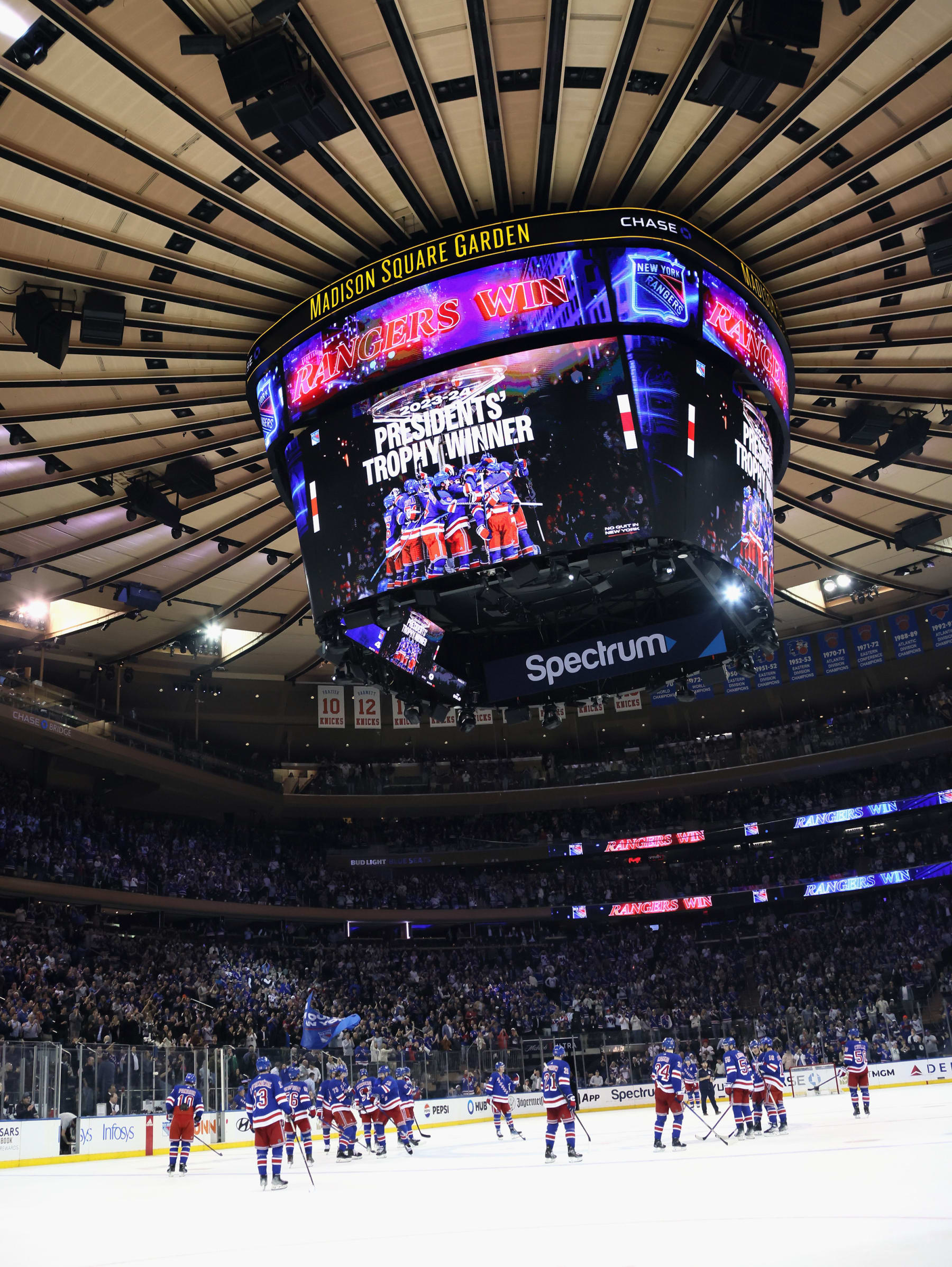NEW YORK, NEW YORK - APRIL 15: The New York Rangers celebrate their win against the Ottawa Senators as they win the President's Trophy for best record in the league at Madison Square Garden on April 15, 2024 in New York City.  The Rangers shut out the Senators 4-0. (Photo by Bruce Bennett/Getty Images)