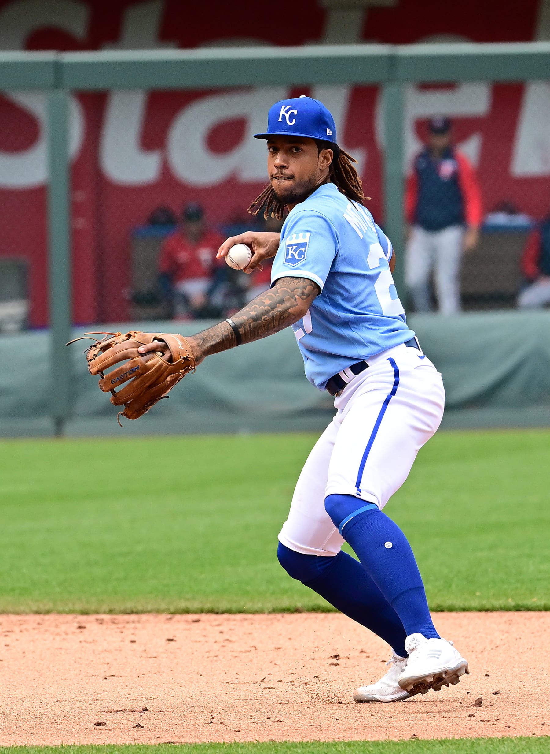 KANSAS CITY, MO - APRIL 21: Kansas City Royals shortstop Adalberto Mondesi (27) throws to first for an out during a MLB game between the Minnesota Twins and the Kansas City Royals on April 21, 2022, at Kauffman Stadium, Kansas City, MO.  (Photo by Keith Gillett/Icon Sportswire via Getty Images),