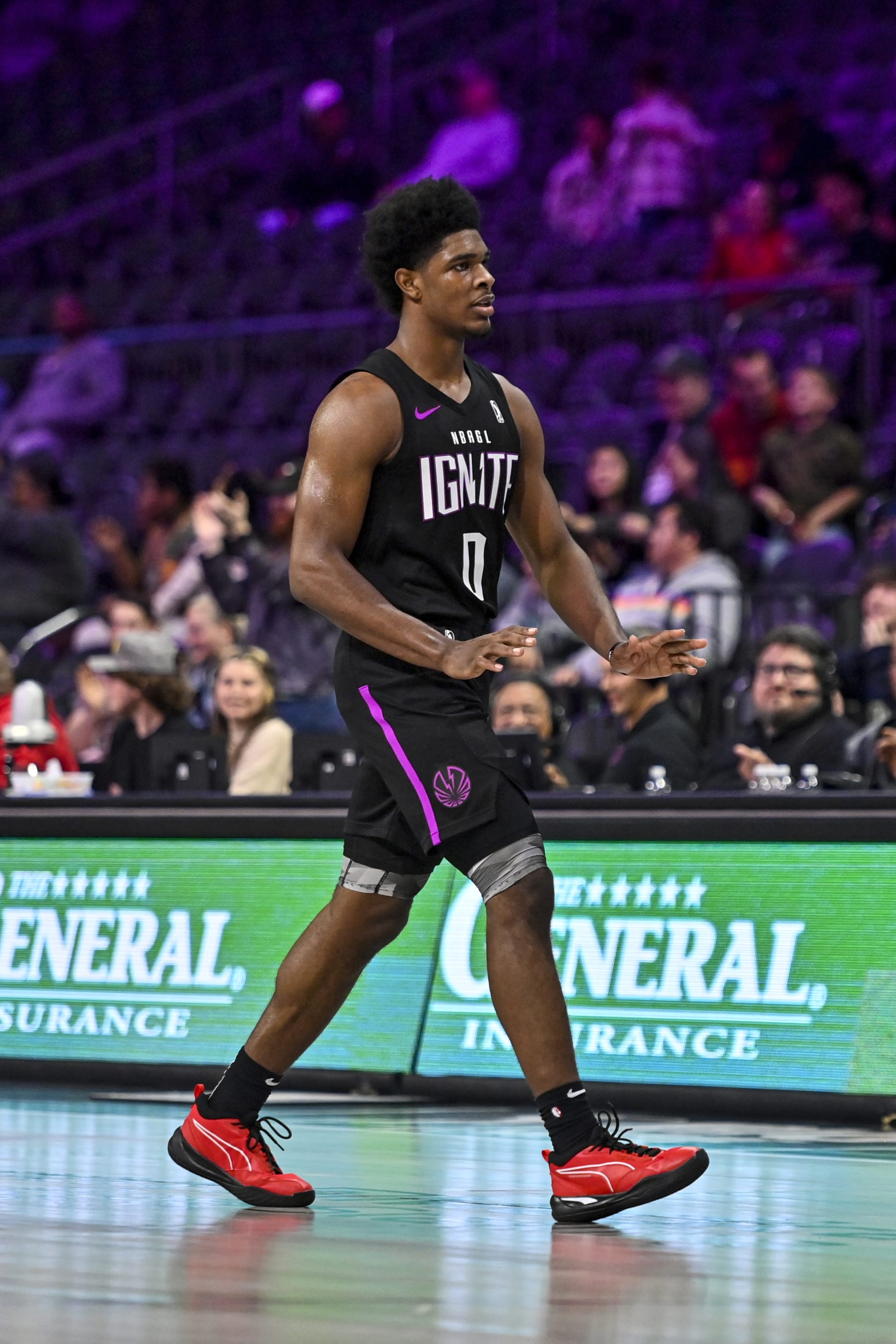 HENDERSON NV- DECEMBER 27: Scoot Henderson #0 of G League Ignite celebrates against the Ontario Clippers on December 27, 2022 at Dollar Loan Center in Henderson, Nevada. NOTE TO USER: User expressly acknowledges and agrees that, by downloading and or using this photograph, User is consenting to the terms and conditions of the Getty Images License Agreement. Mandatory Copyright Notice: Copyright 2022 NBAE (Photo by David Becker/NBAE via Getty Images)