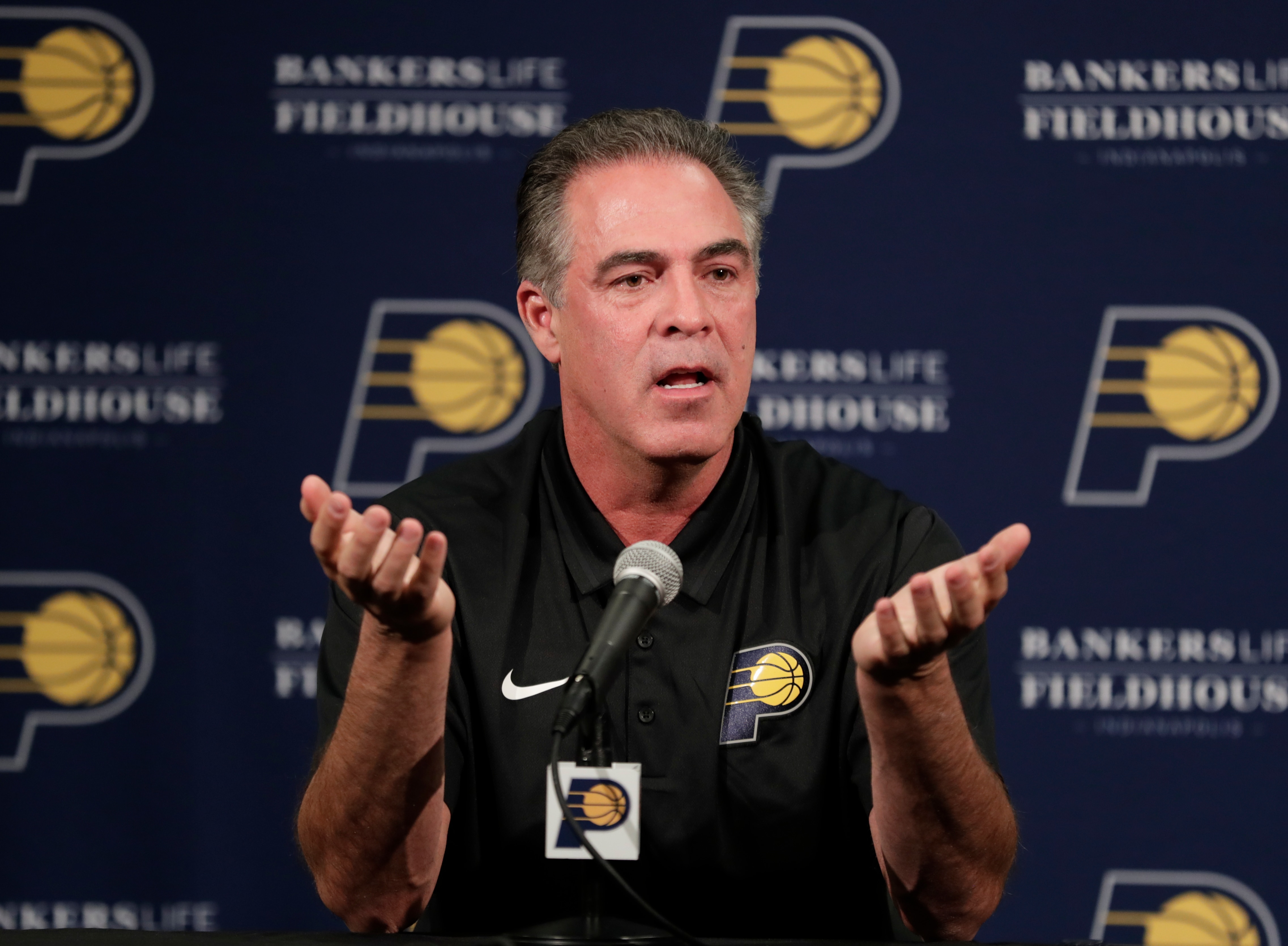Indiana Pacers president of basketball operations Kevin Pritchard speaks during a press conference discussing the NBA basketball team's season in Indianapolis, Tuesday, May 1, 2018. (AP Photo/Michael Conroy)