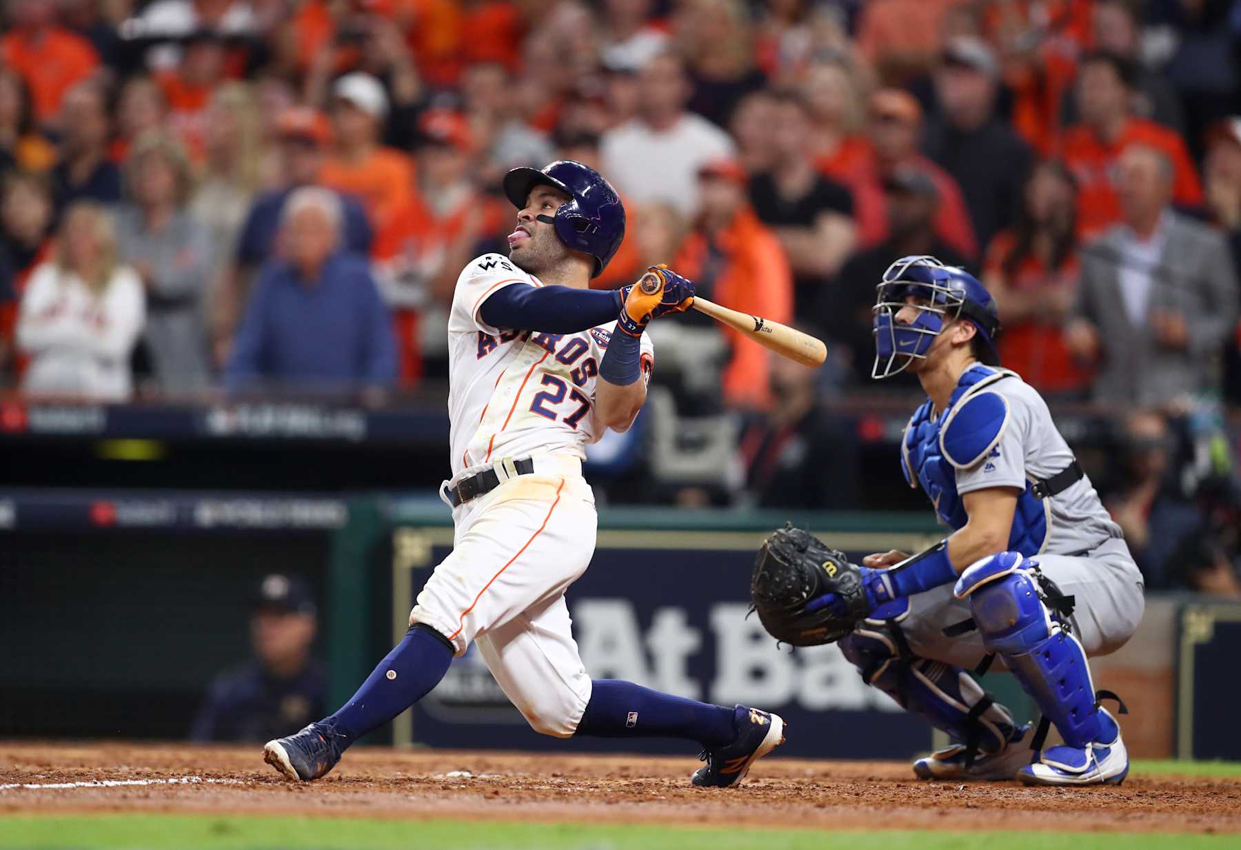 HOUSTON, TX - OCTOBER 29:  Jose Altuve #27 of the Houston Astros watches his three-run home run in the fifth inning of Game 5 of the 2017 World Series against the Los Angeles Dodgers at Minute Maid Park on Sunday, October 29, 2017 in Houston, Texas. (Photo by Rob Tringali/MLB via Getty Images) 