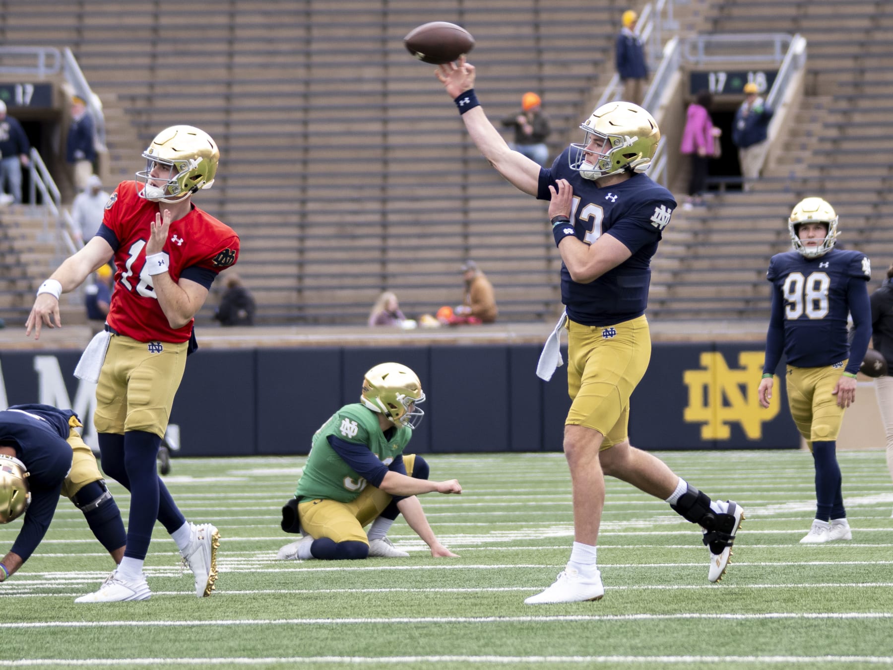 SOUTH BEND, IN - APRIL 20: Notre Dame quarterback Riley Leonard (13) warms up with Notre Dame quarterback Steve Angeli (18) before the Notre Dame Spring Game at Notre Dame Stadium on April 20, 2024. (Photo by Joseph Weiser/Icon Sportswire via Getty Images)