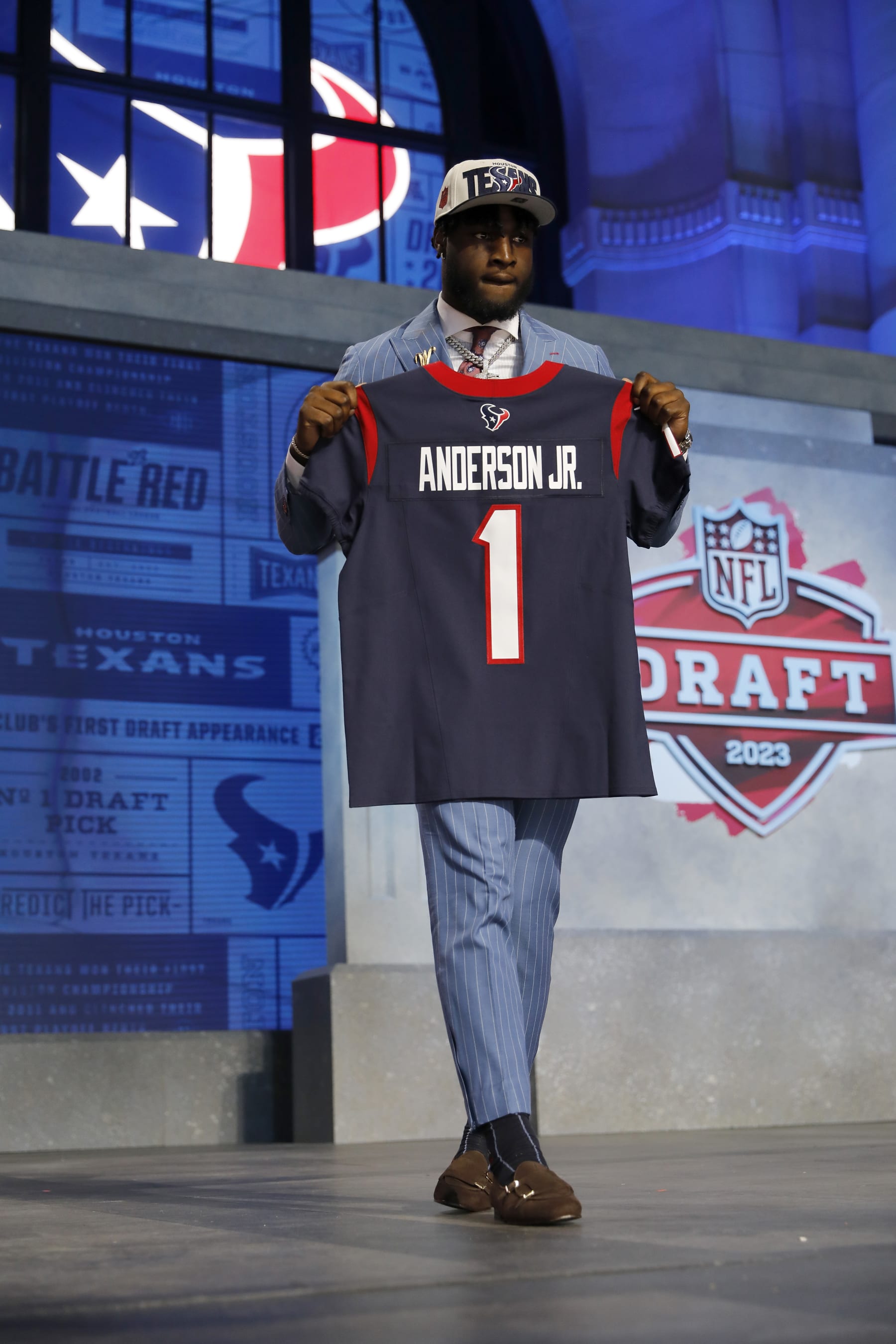KANSAS CITY, MISSOURI - APRIL 27: Will Anderson Jr. celebrates after being selected third overall by the Houston Texans during the first round of the 2023 NFL Draft at Union Station on April 27, 2023 in Kansas City, Missouri. (Photo by David Eulitt/Getty Images)