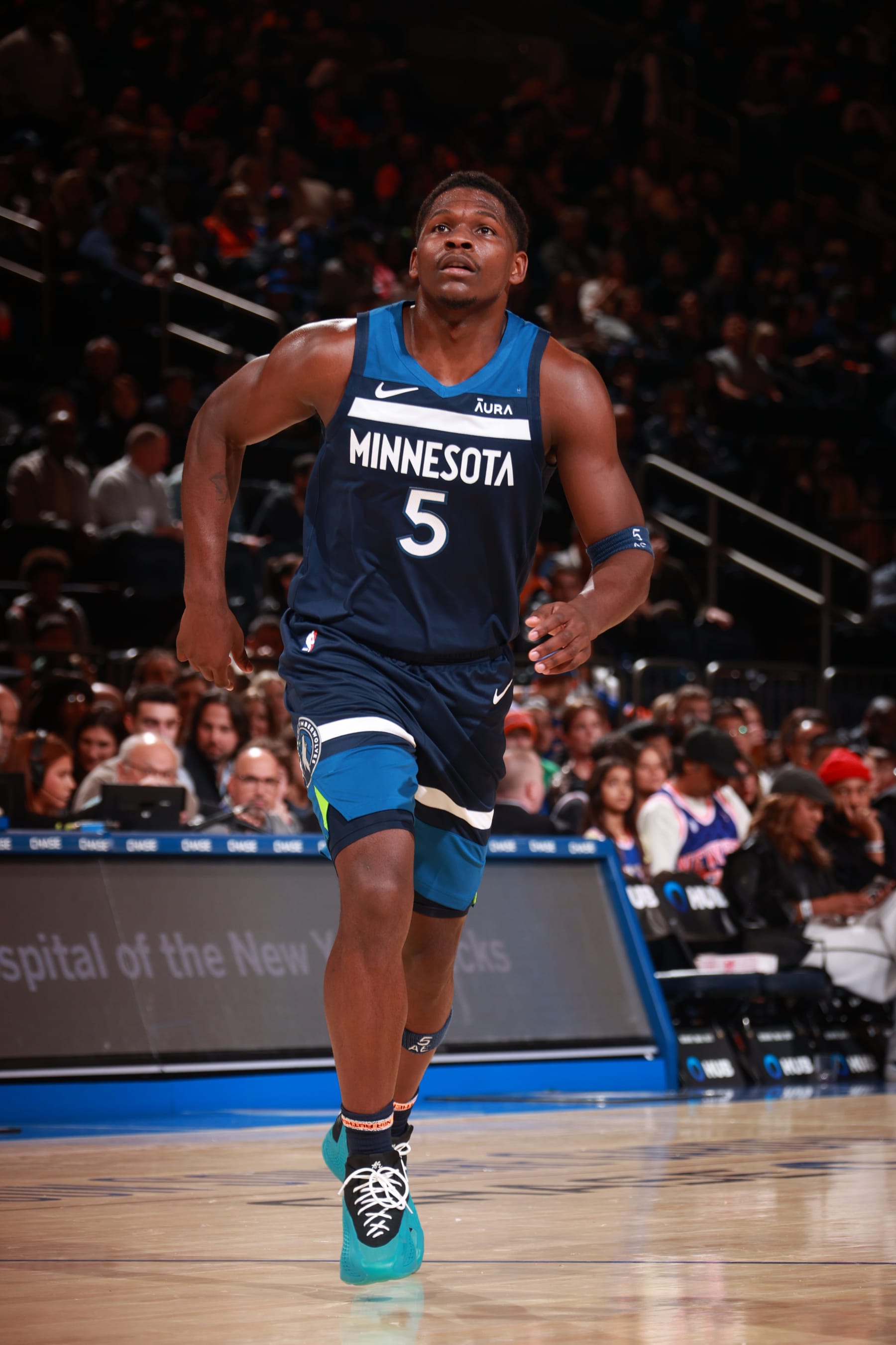 NEW YORK, NY - OCTOBER 14: Anthony Edwards #5 of the Minnesota Timberwolves looks on during the preseason game on October 14, 2023 at Madison Square Garden in New York City, New York.  NOTE TO USER: User expressly acknowledges and agrees that, by downloading and or using this photograph, User is consenting to the terms and conditions of the Getty Images License Agreement. Mandatory Copyright Notice: Copyright 2023 NBAE  (Photo by Nathaniel S. Butler/NBAE via Getty Images)
