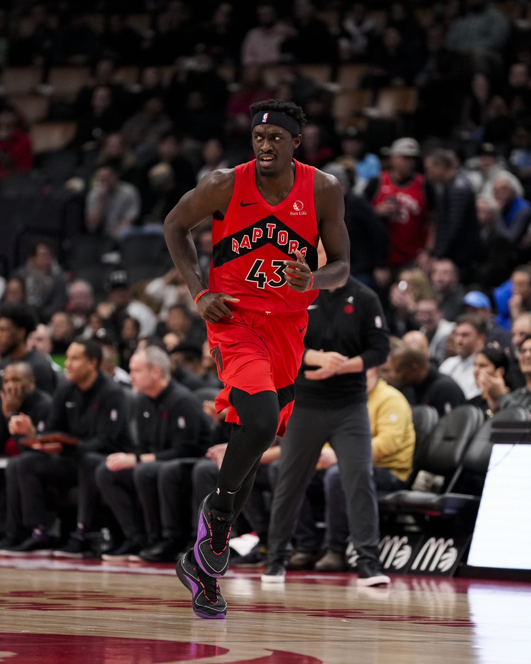 TORONTO, ON - NOVEMBER 29: Pascal Siakam #43 of the Toronto Raptors runs the court against the Phoenix Suns during NBA action at the Scotiabank Arena on November 29, 2023 in Toronto, Ontario, Canada. NOTE TO USER: User expressly acknowledges and agrees that, by downloading and/or using this Photograph, user is consenting to the terms and conditions of the Getty Images License Agreement. (Photo by Andrew Lahodynskyj/Getty Images)