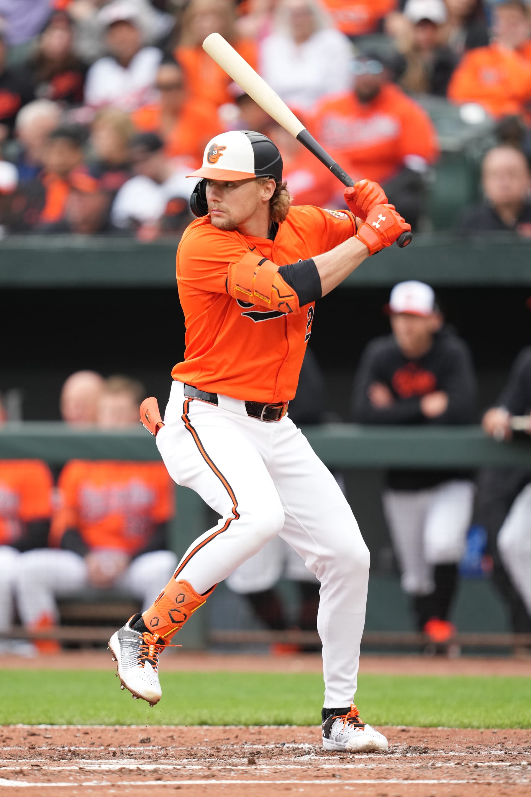 BALTIMORE, MARYLAND - MARCH 30:  Gunnar Henderson #2 of the Baltimore Orioles prepares for a pitch during a baseball game against the Los Angeles Angels at Oriole Park at Camden Yards on March 30, 2024 in Baltimore, Maryland.  (Photo by Mitchell Layton/Getty Images)