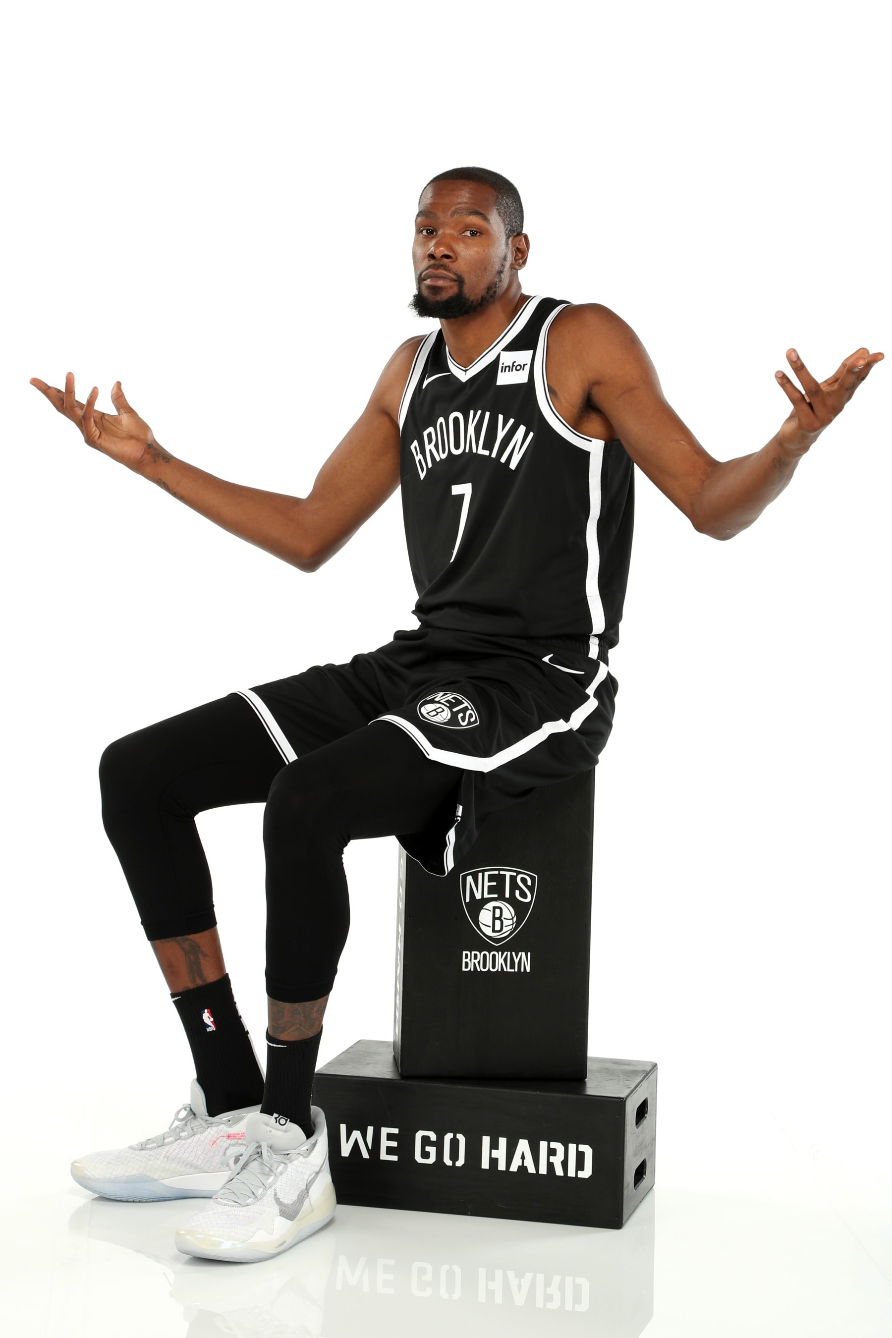 BROOKLYN, NY - SEPTEMBER 27: Kevin Durant #7 of the Brooklyn Nets poses for a portrait during media day on September 27, 2019 at the HSS Training Center in Brooklyn, New York. NOTE TO USER: User expressly acknowledges and agrees that, by downloading and/or using this photograph, user is consenting to the terms and conditions of the Getty Images License Agreement. Mandatory Copyright Notice: Copyright 2019 NBAE (Photo by Nathaniel S. Butler/NBAE via Getty Images)