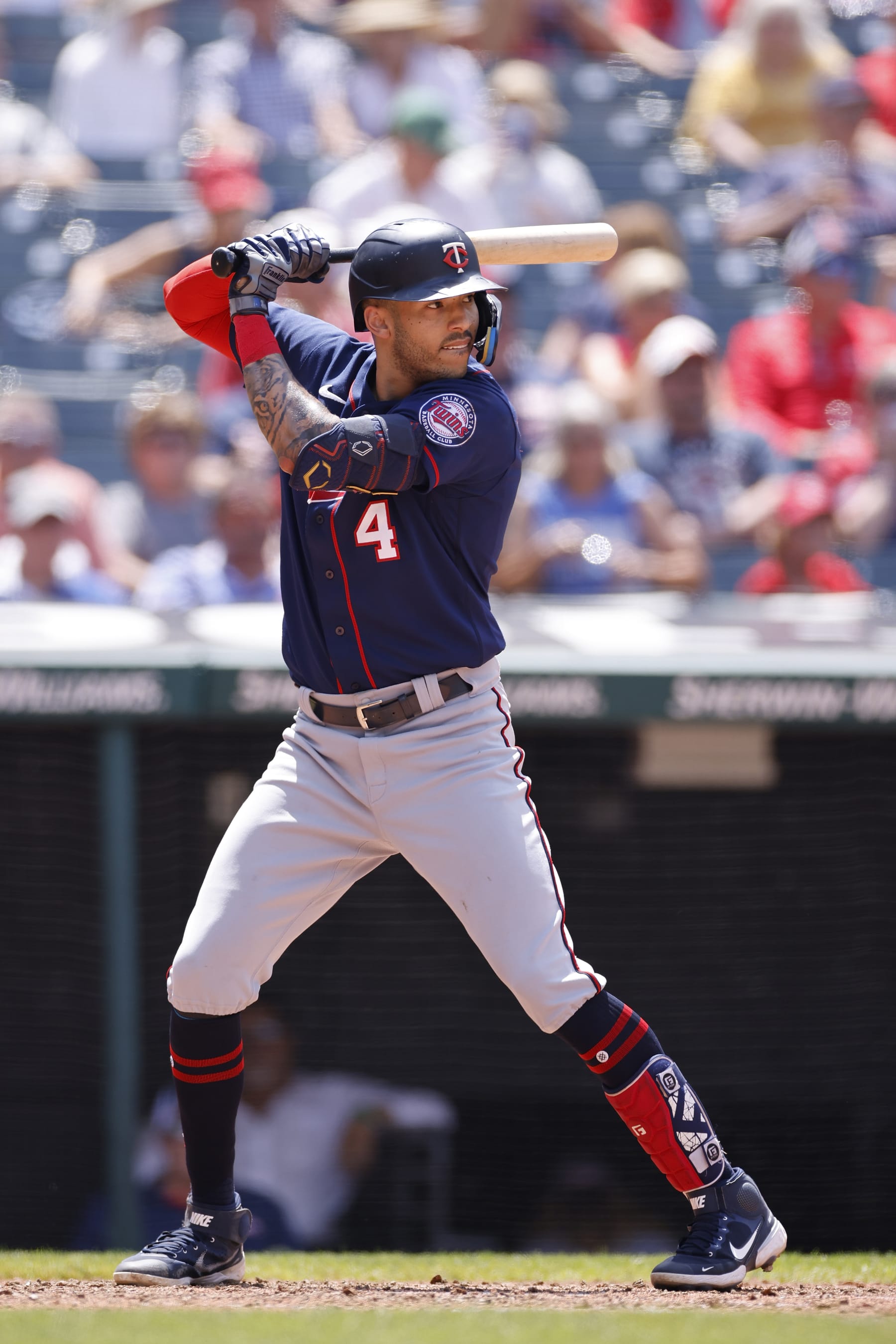 CLEVELAND, OH - JUNE 30: Minnesota Twins shortstop Carlos Correa (4) bats during an MLB game against the Cleveland Guardians on June 30, 2022 at Progressive Field in Cleveland, Ohio. (Photo by Joe Robbins/Icon Sportswire via Getty Images)